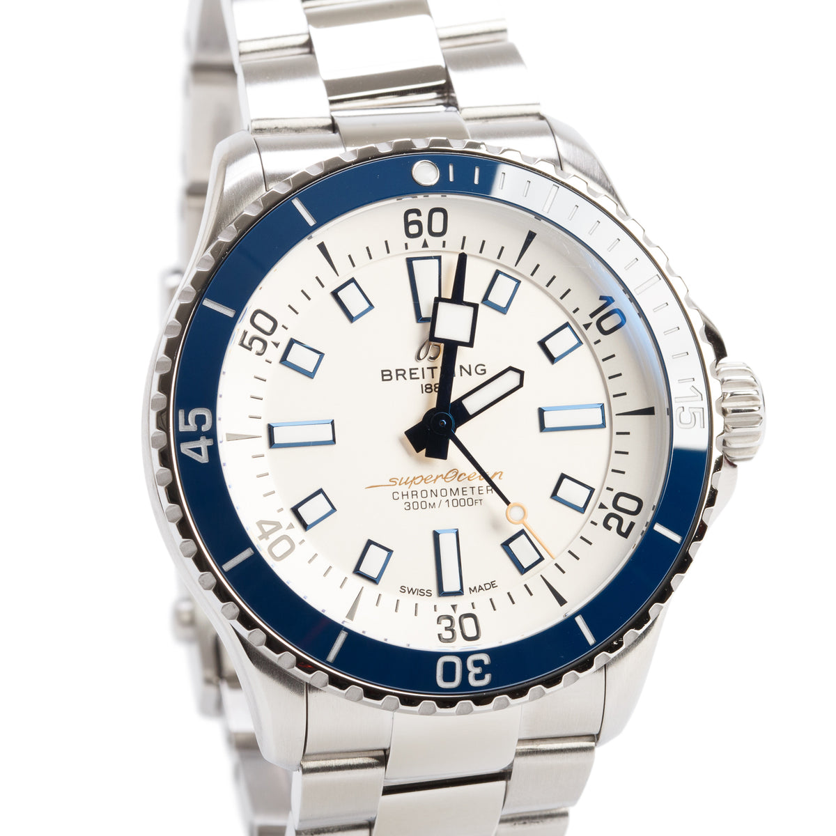 Breitling Stainless Steel Superocean 42 MM Automatic Watch Blue Bezel Silver Dial A17375 w/ Box & Papers