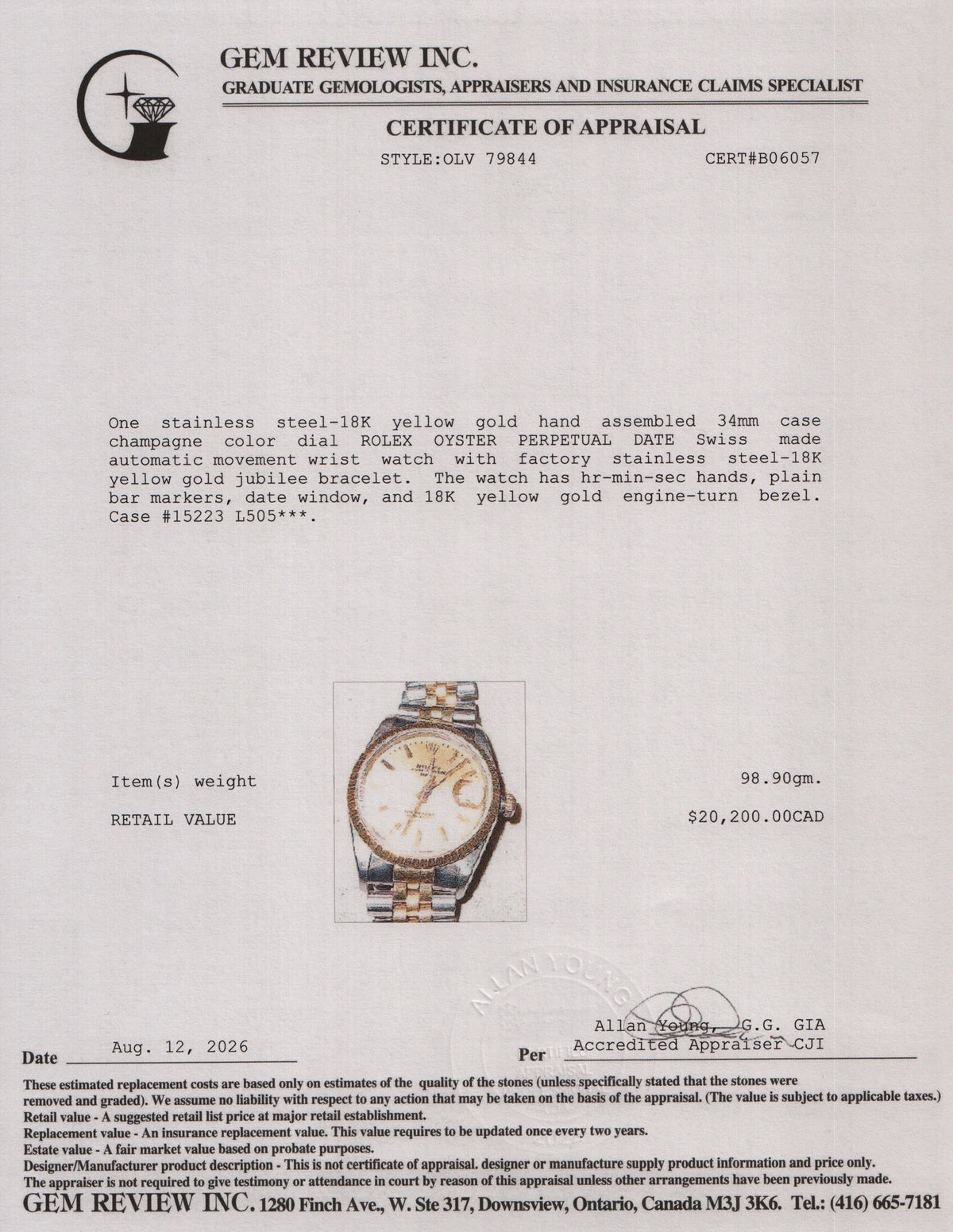 Rolex Stainless Steel & 18k Yellow Gold Oyster Perpetual Date 34 MM Automatic Watch Gold Dial 15223