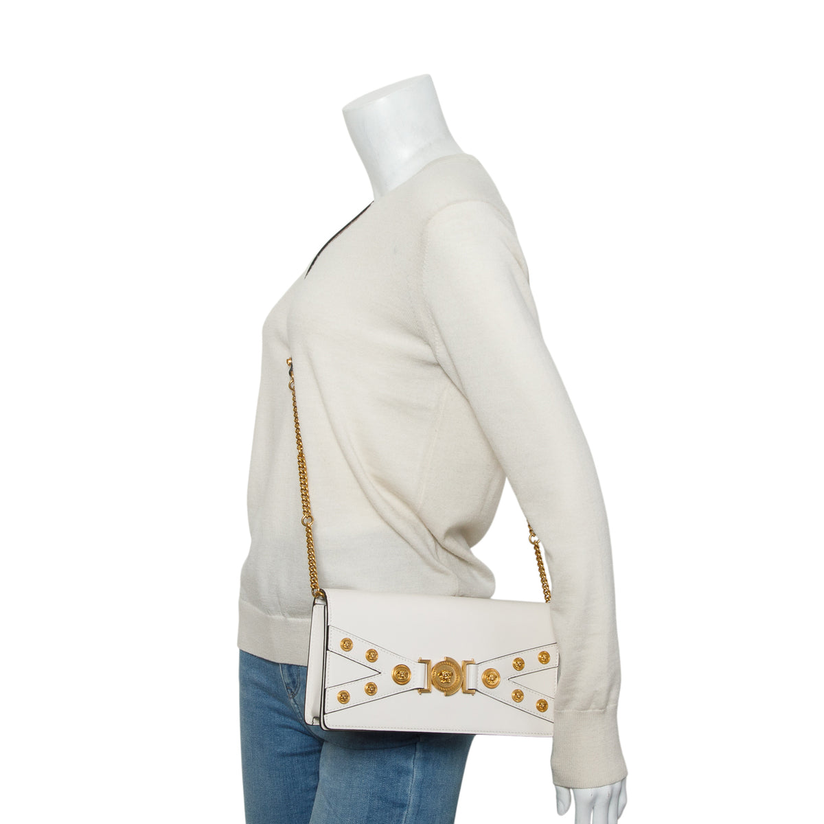 Versace White Calfskin Medusa Tribute Clutch w/ Strap