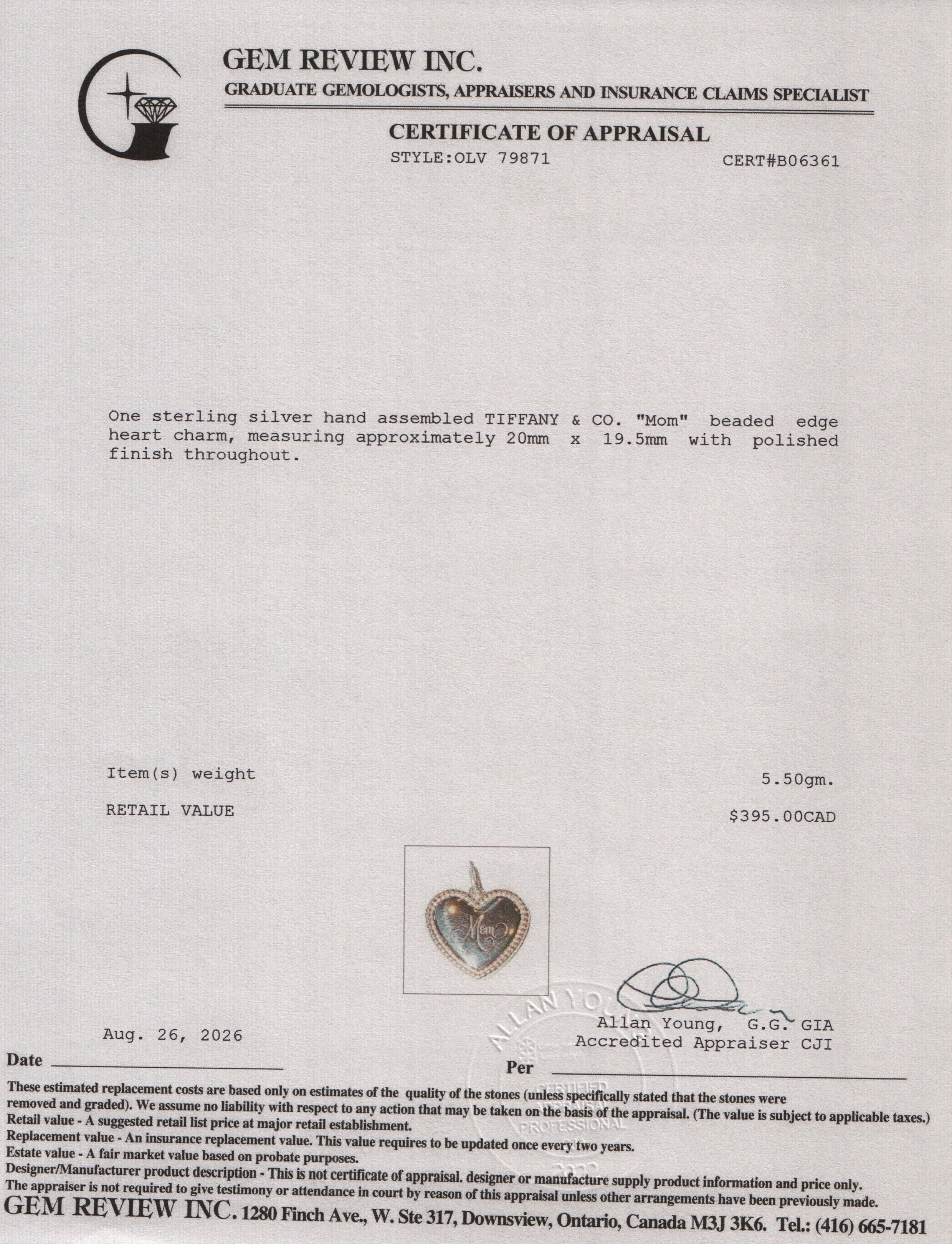 Tiffany & Co. Sterling Silver 'Mom' Beaded Edge Heart Charm