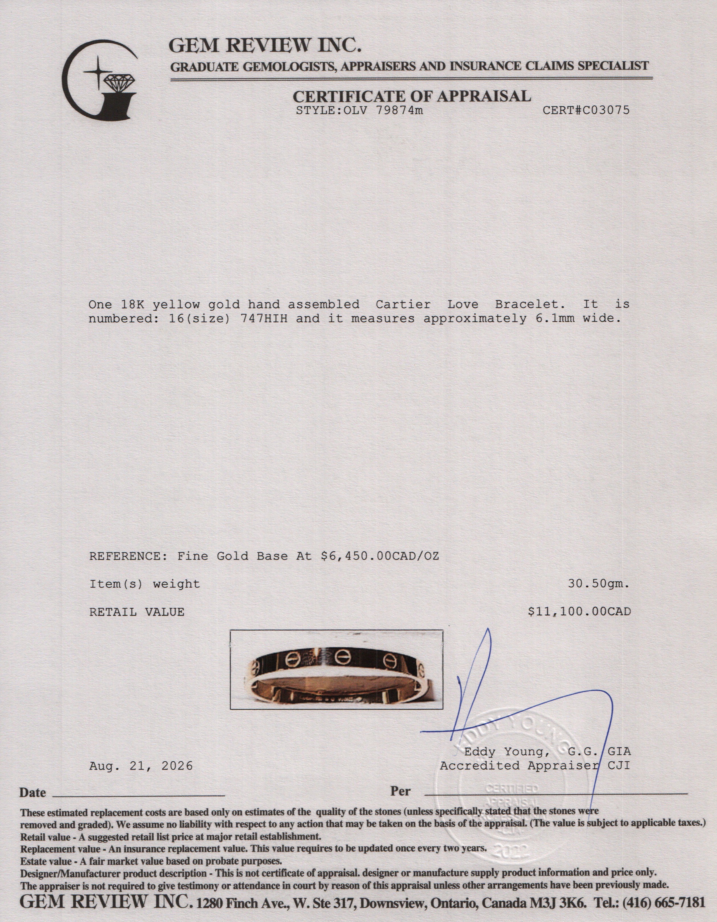 Cartier 2026 18k Yellow Gold Love Bracelet, Classic Model, Size 16 w/ Box & Certificate