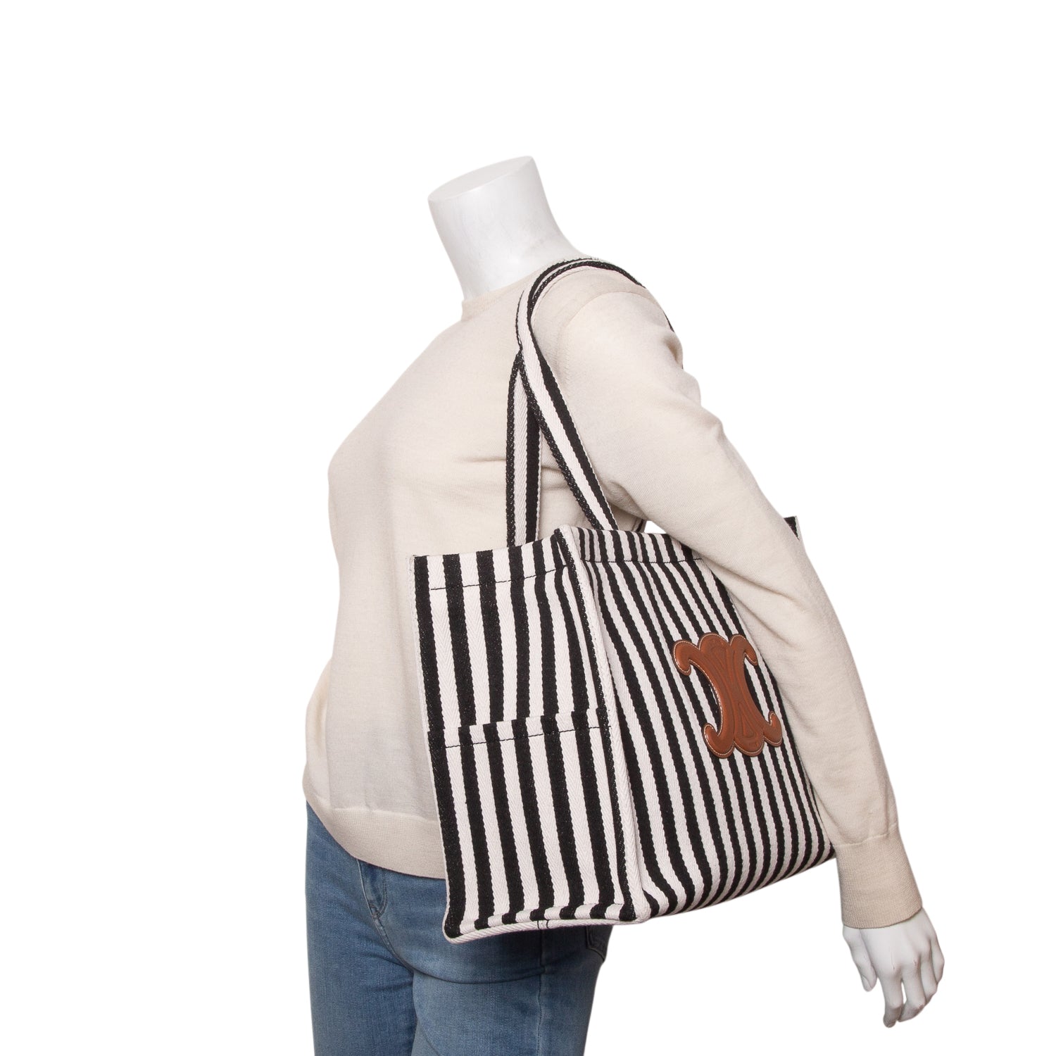 Celine 2024 Black/White Canvas Calfskin Striped Triomphe Large Cabas Tote