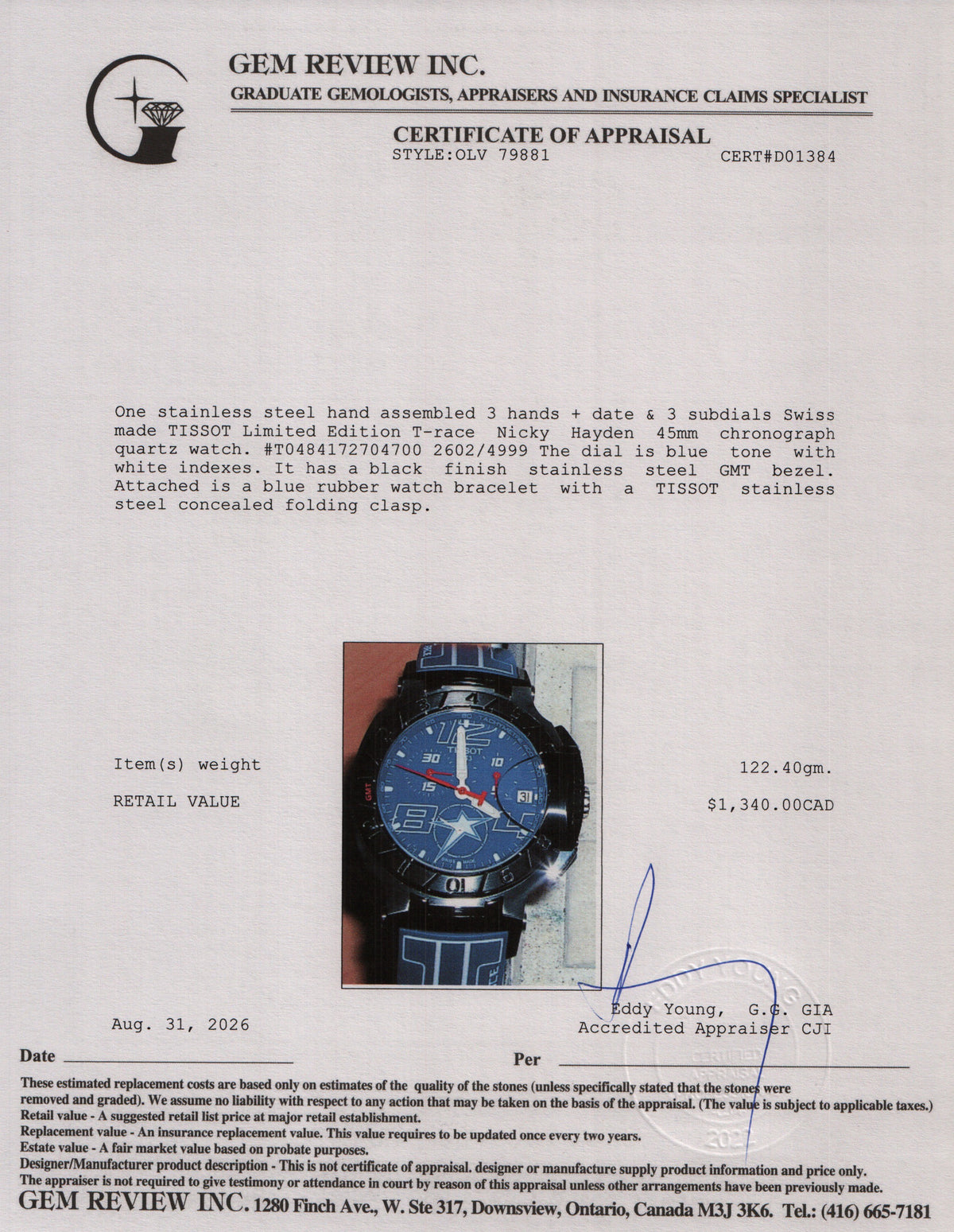 Tissot Limited Edition Stainless Steel T-Race Nicky Hayden 45 MM Chronograph Quartz Watch Blue Dial w/ Box