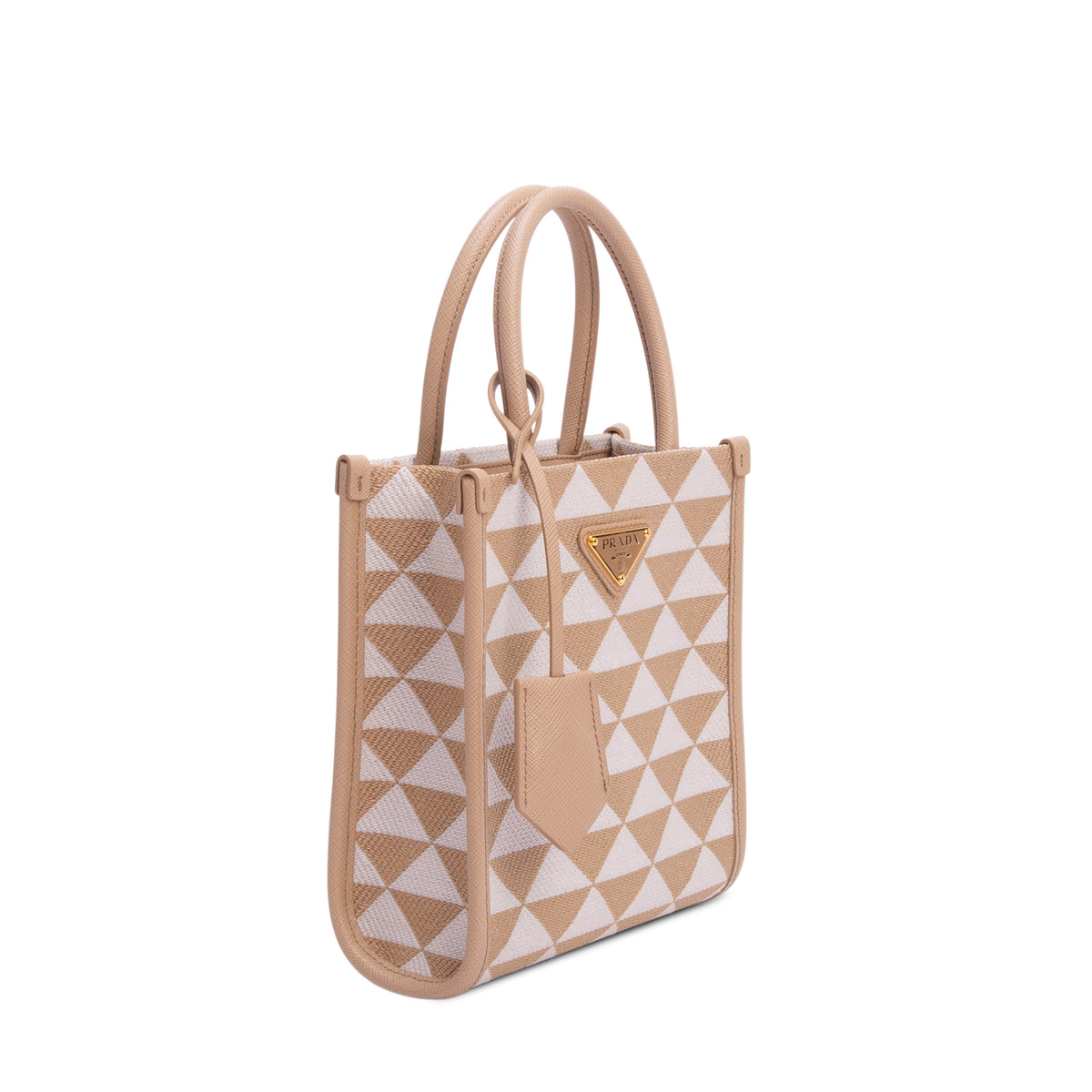 Prada Brown Jacquard Saffiano Triangolo Symbole Embroidered Micro Tote w/ Strap