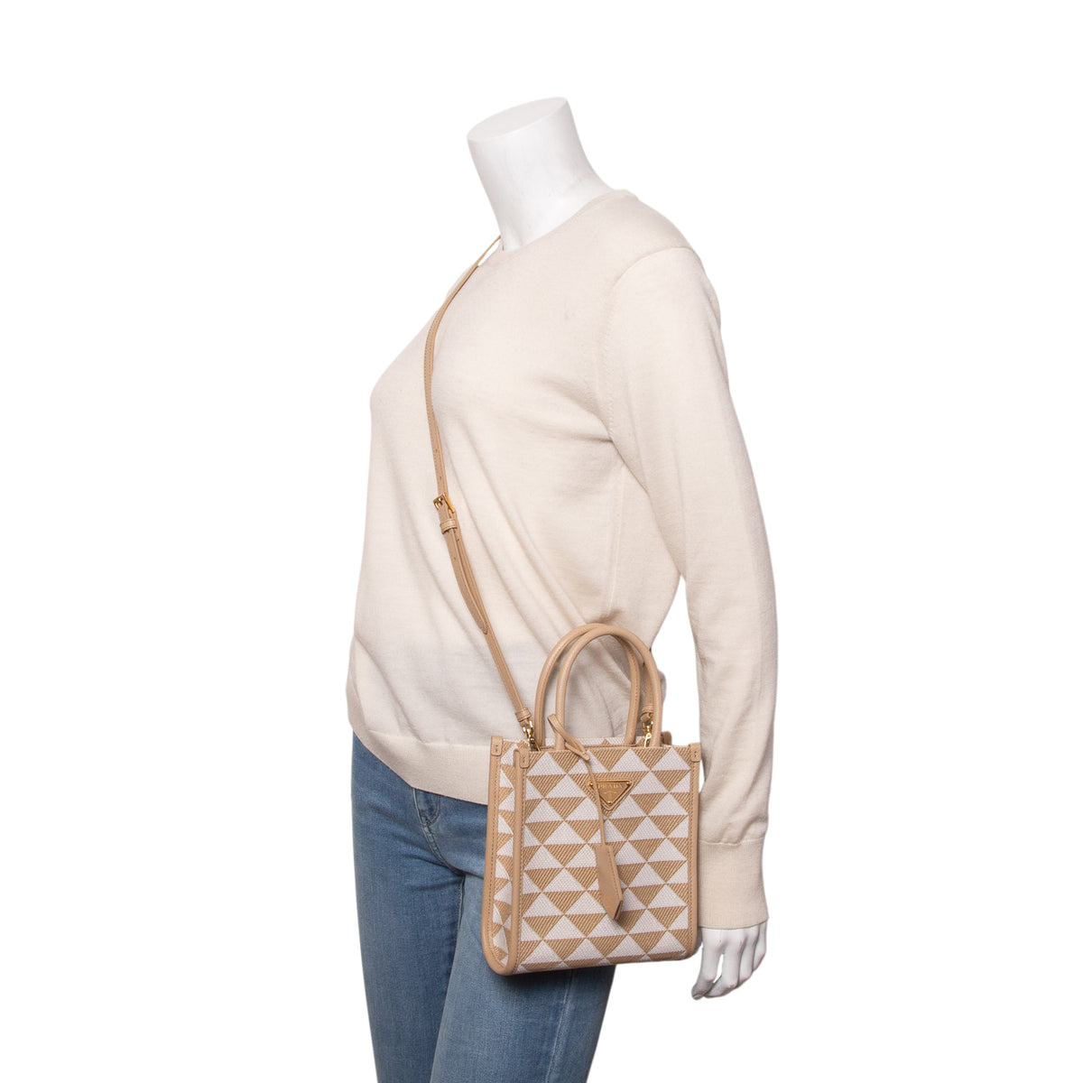 Prada Brown Jacquard Saffiano Triangolo Symbole Embroidered Micro Tote w/ Strap