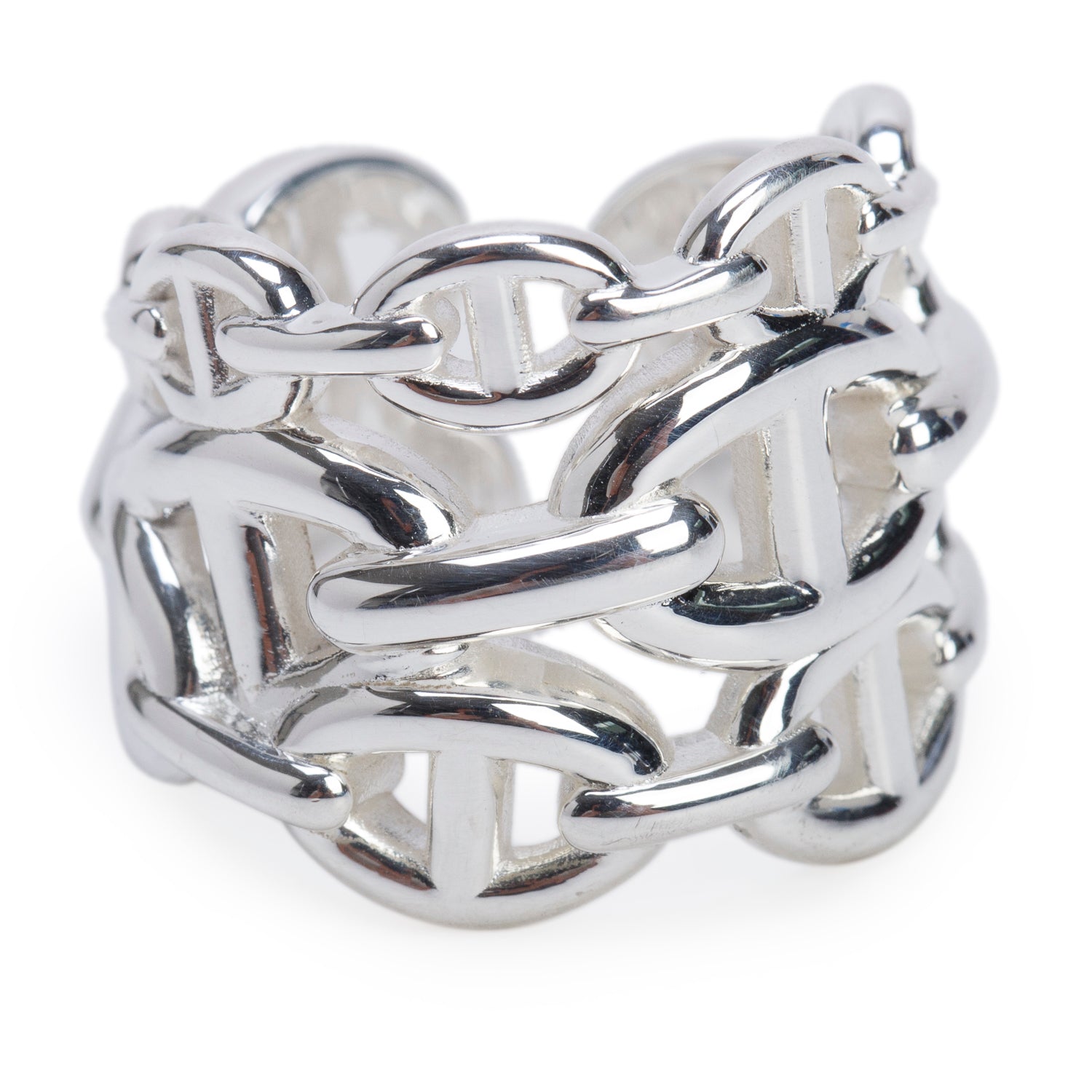 Hermes Sterling Silver Chaine D'Ancre Enchainee Ring, Large Model, Size 53 6.5 w/ Box