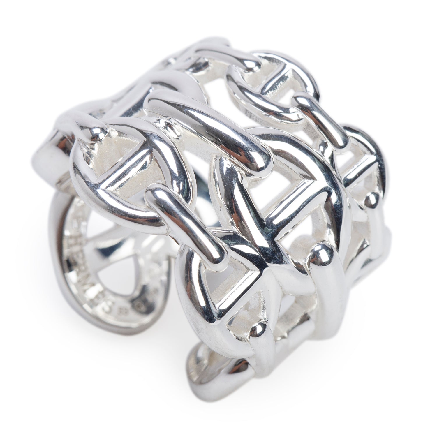 Hermes Sterling Silver Chaine D'Ancre Enchainee Ring, Large Model, Size 53 6.5 w/ Box