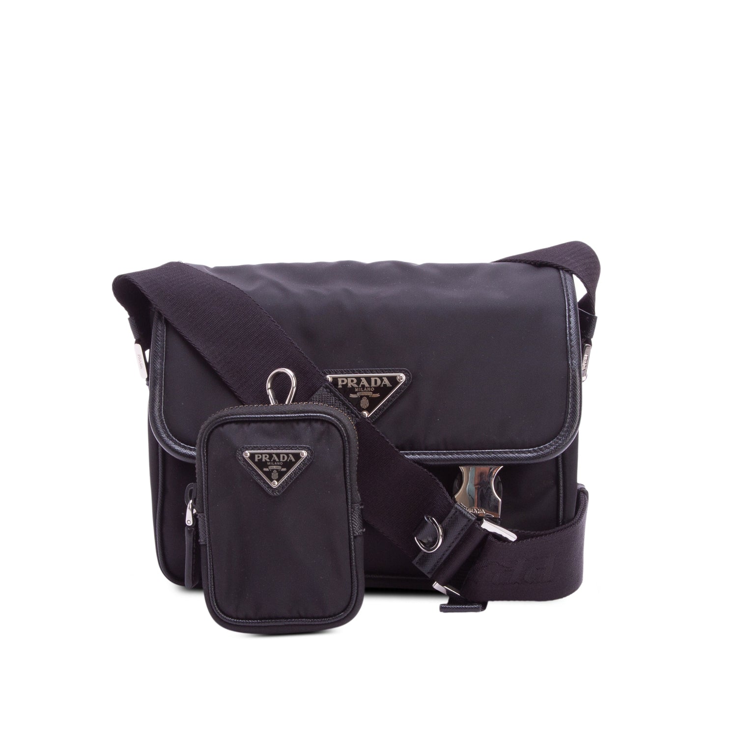Prada Black Re-Nylon Vela Saffiano Pocket Double Buckle Messenger Bag