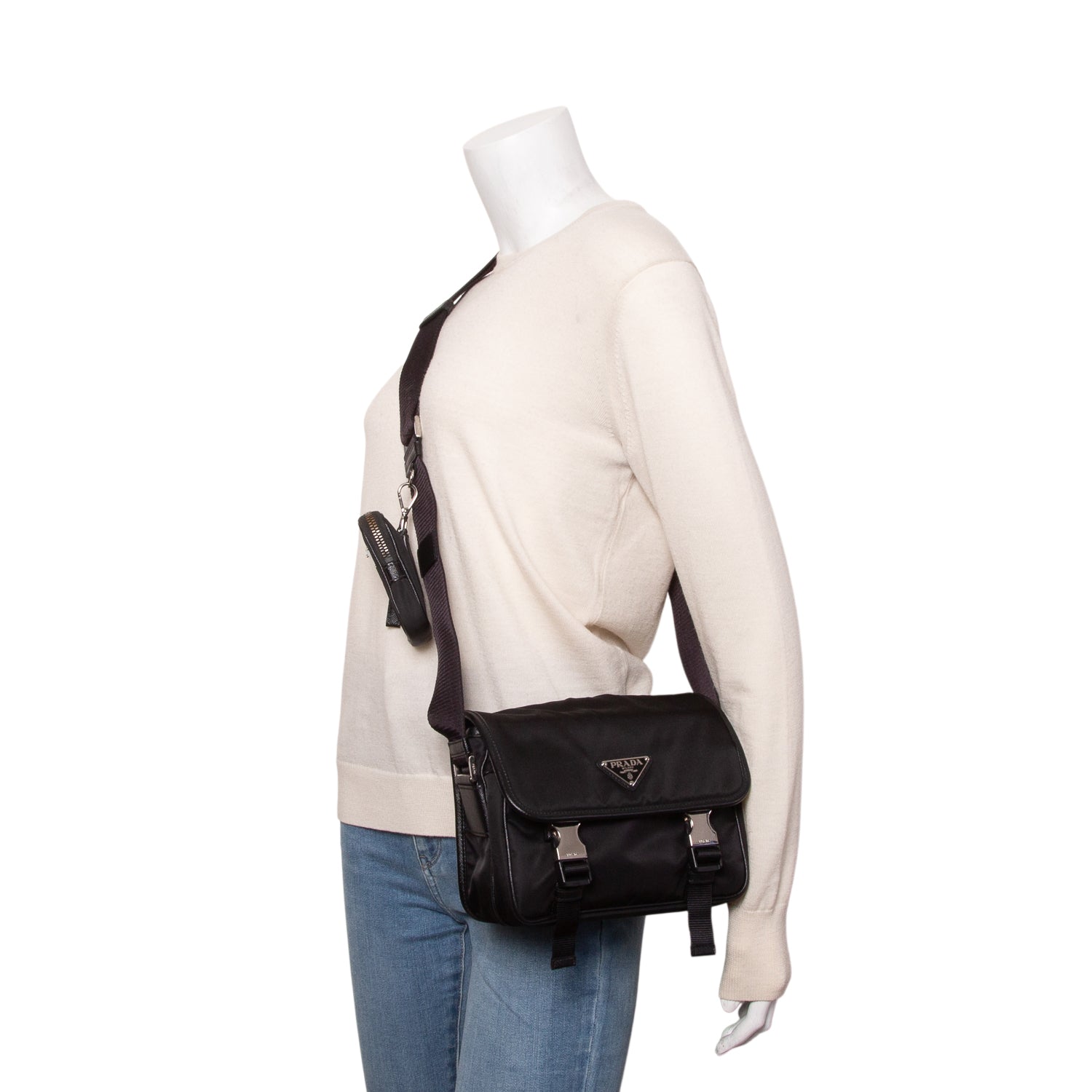 Prada Black Re-Nylon Vela Saffiano Pocket Double Buckle Messenger Bag