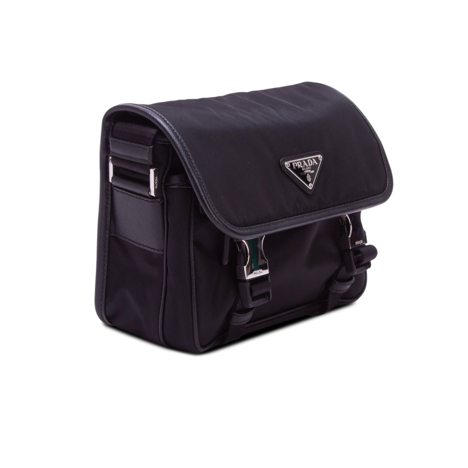 Prada Black Re-Nylon Vela Saffiano Pocket Double Buckle Messenger Bag