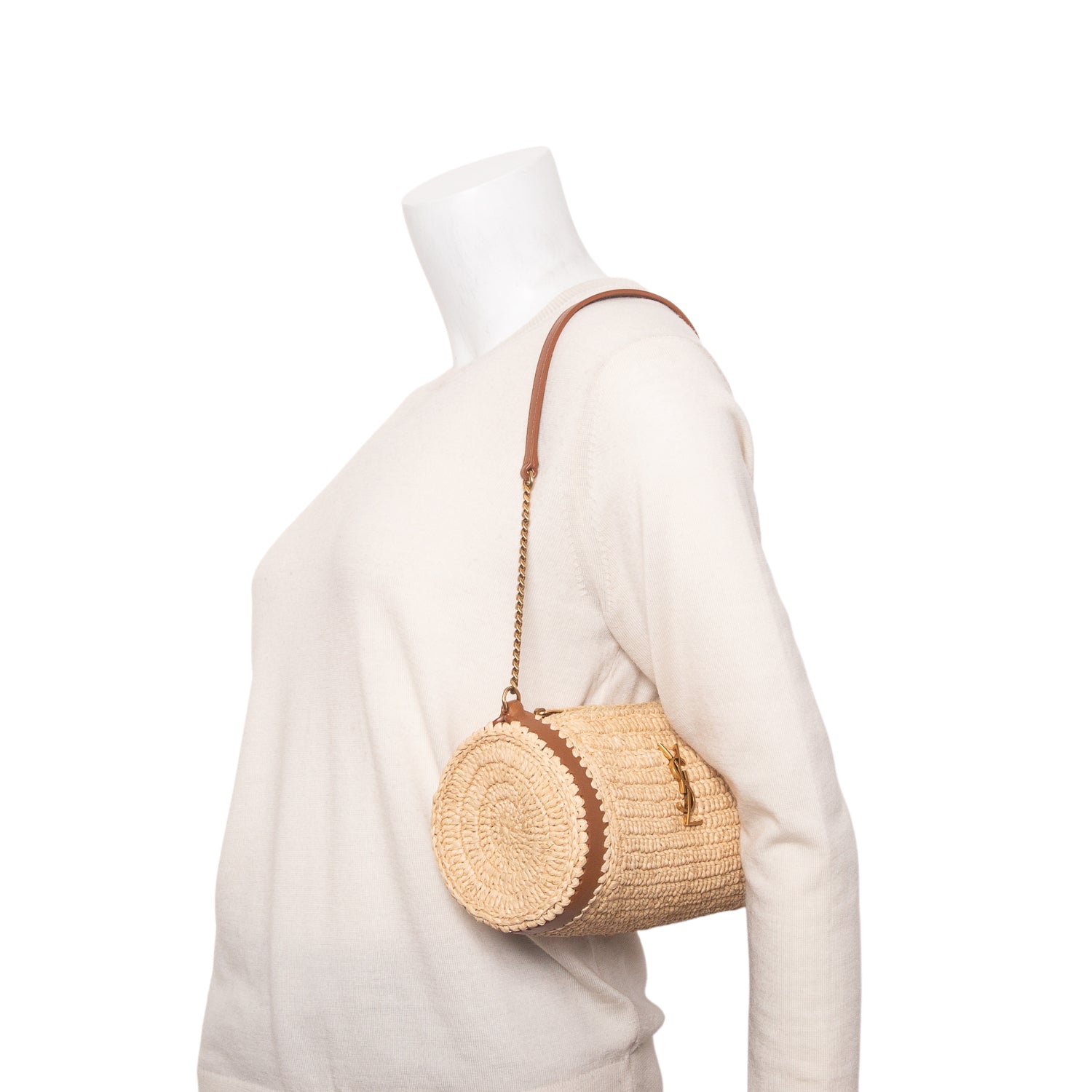 Saint Laurent 2023 Neutral Raffia Small Sade Tube Bag