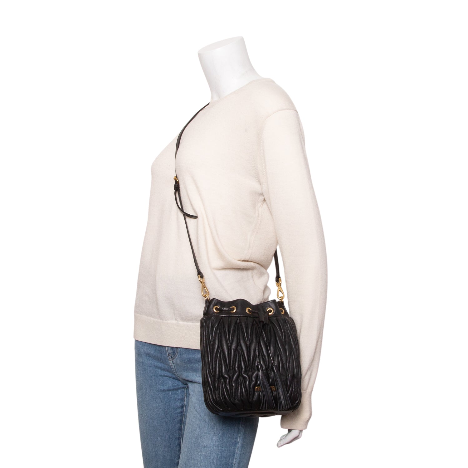 Miu Miu Black Nappa Matelasse Bucket Bag