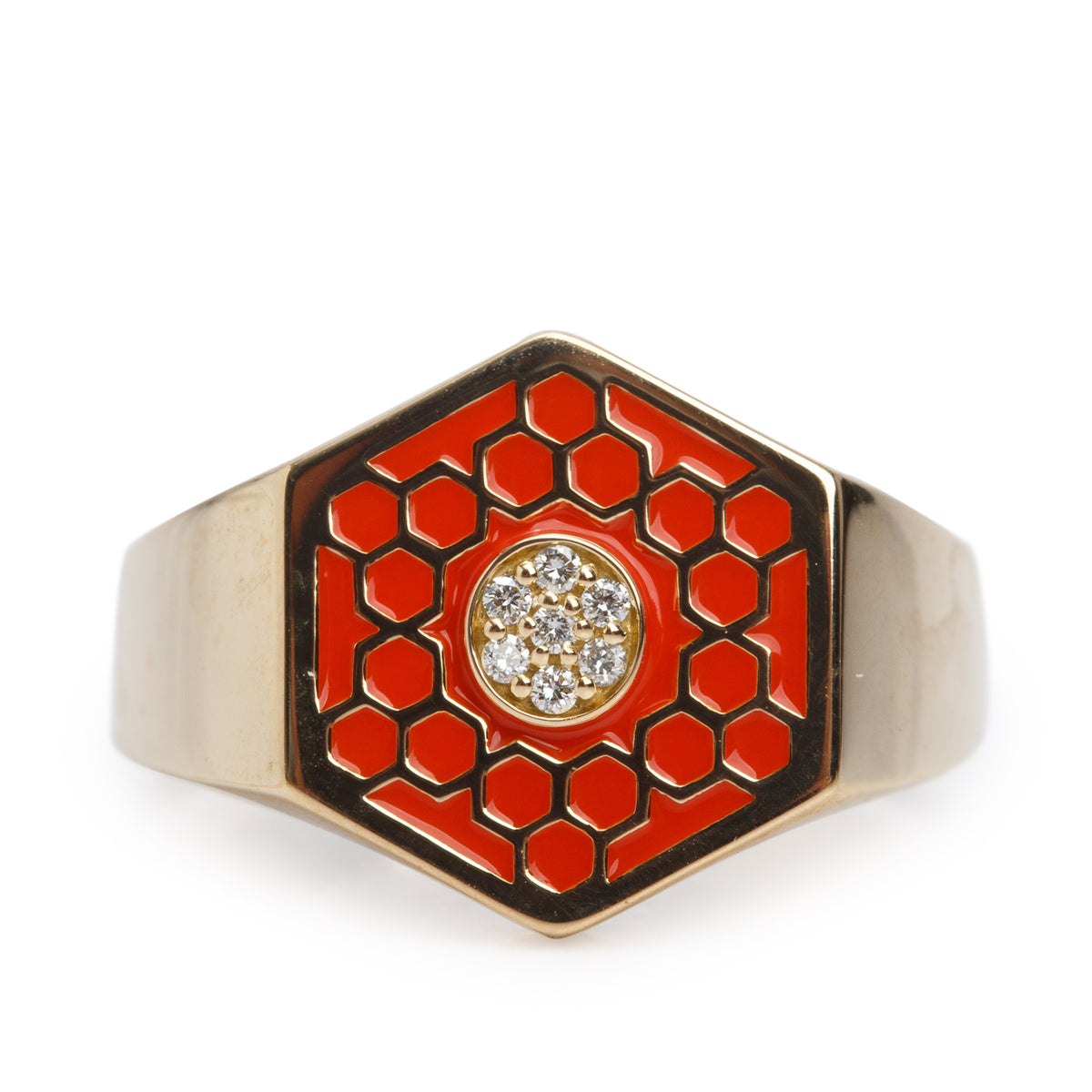 Birks 18k Yellow Gold Red Enamel & Diamond Bee Chic Hexagon Signet Ring, Size 7
