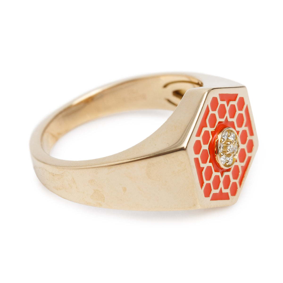 Birks 18k Yellow Gold Red Enamel & Diamond Bee Chic Hexagon Signet Ring, Size 7