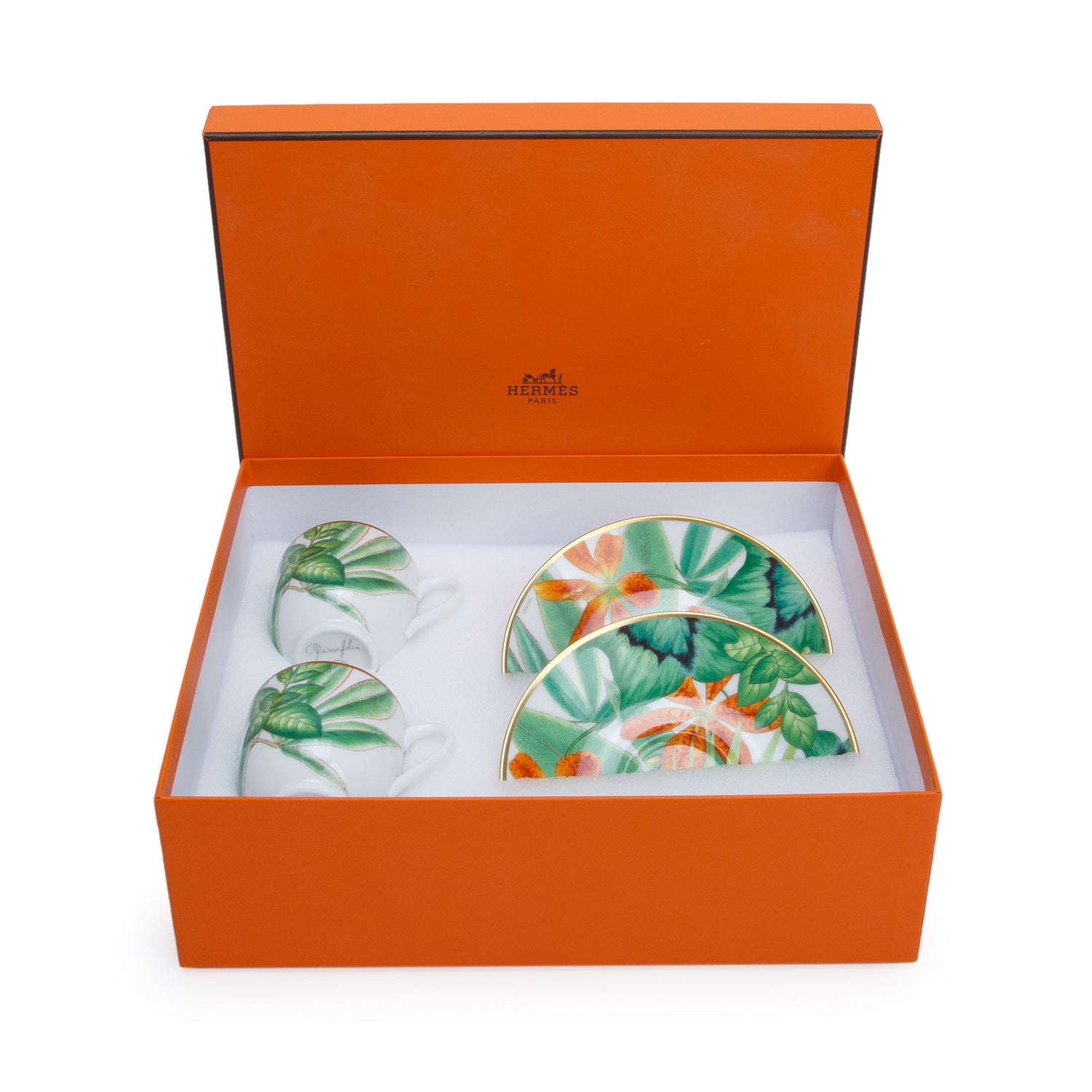 Hermes Passifolia 4-Piece Tea Cups and Saucers Set w/ Box