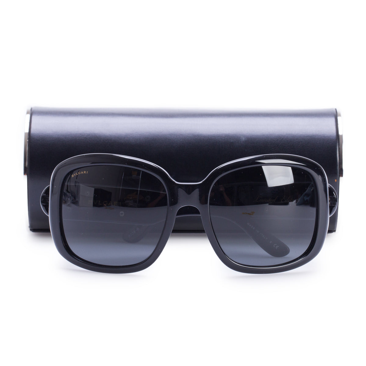 Bvlgari 8038-B Black Acetate Crystal Wayfarer Oversize Sunglasses w/ Box & Case