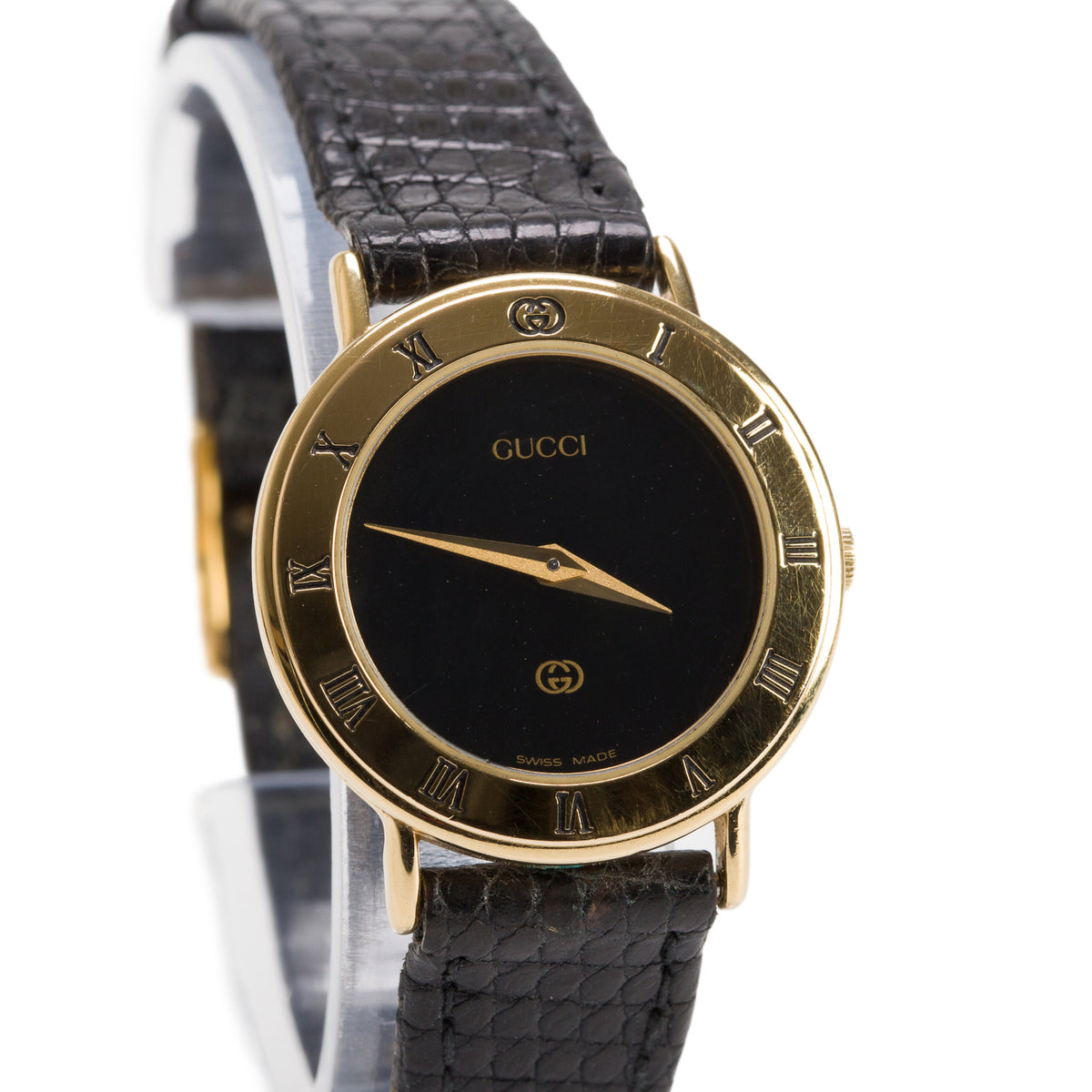 Gucci Gold Plated Stainless Steel 3000L Series 25 MM Quartz Watch Black Dial