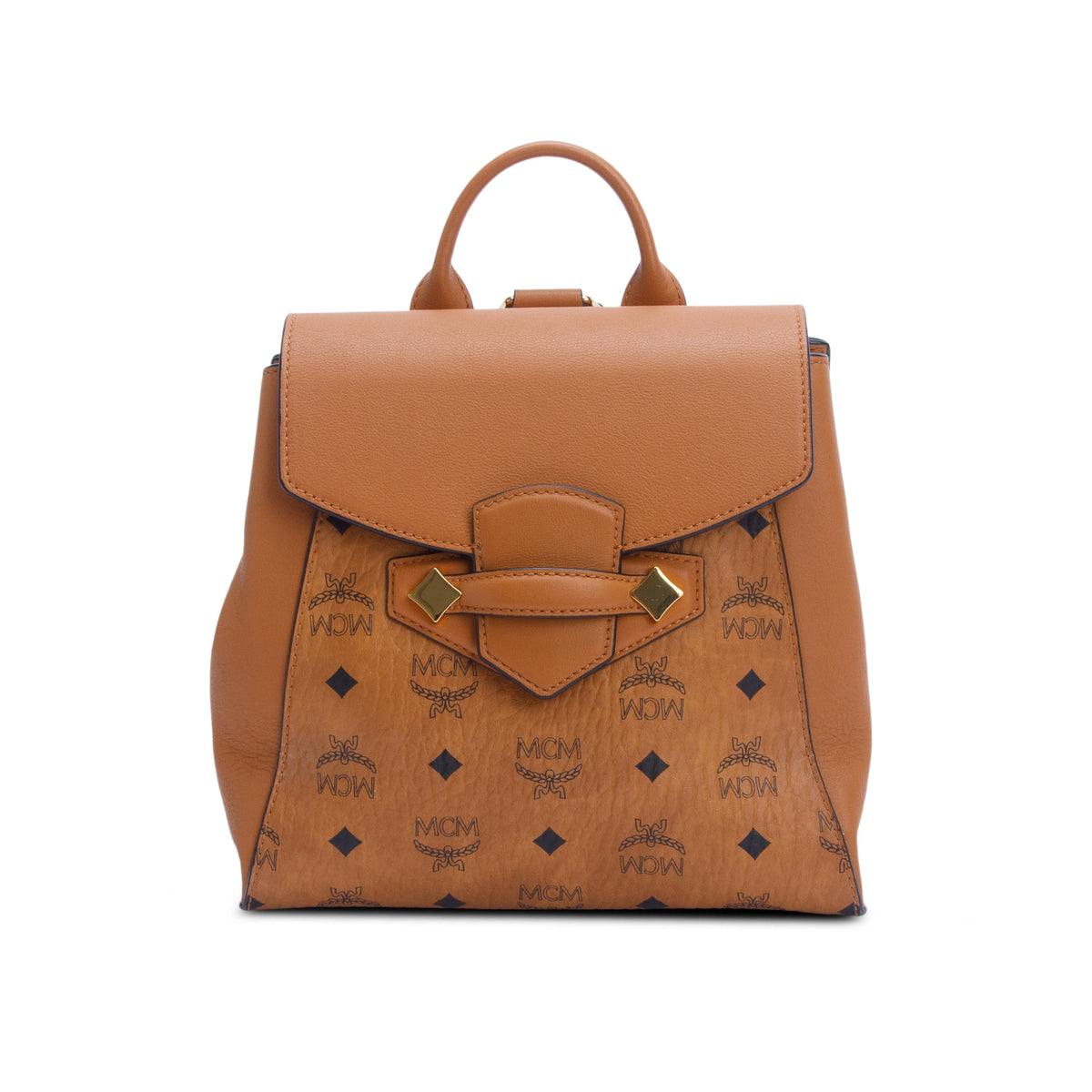 MCM Cognac Calfskin Essential Visetos Small Backpack