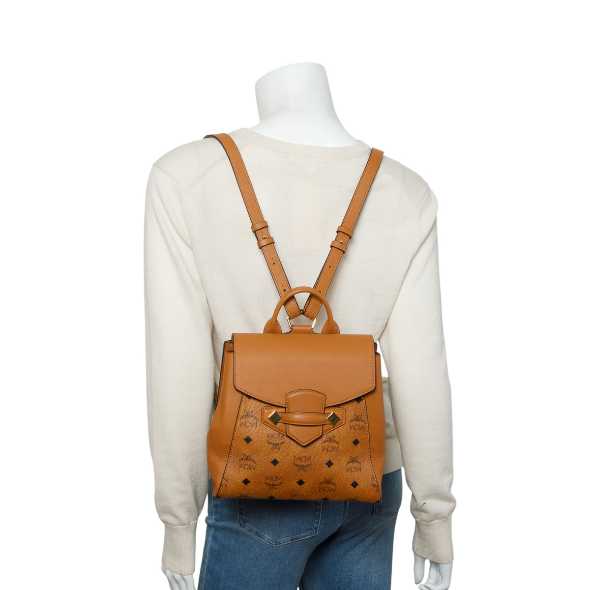 MCM Cognac Calfskin Essential Visetos Small Backpack