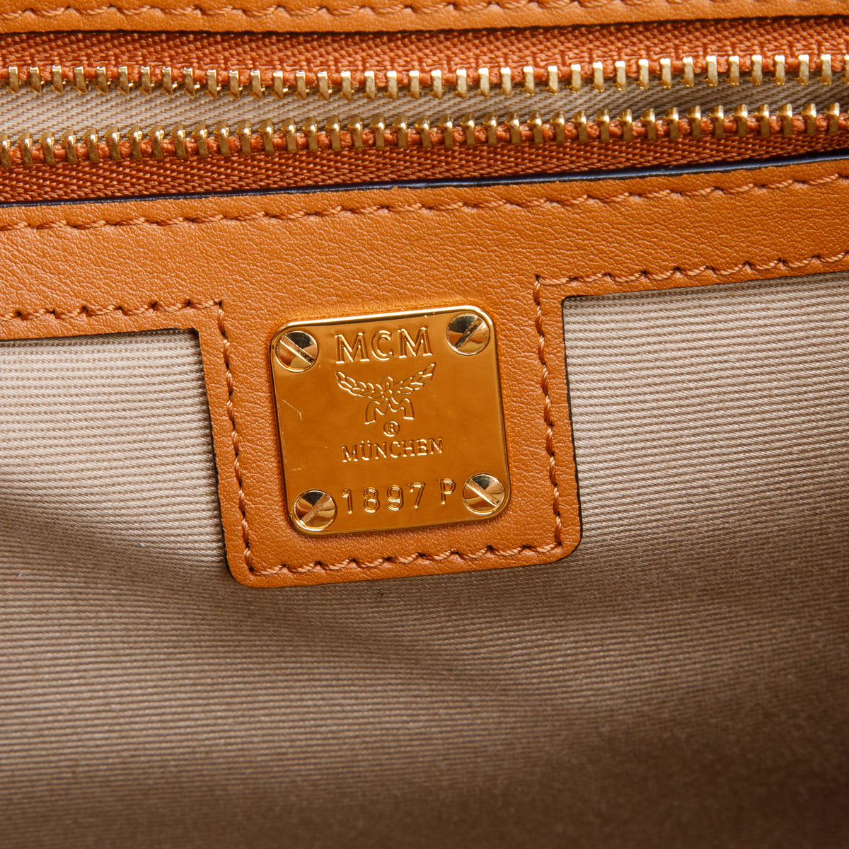 MCM Cognac Calfskin Essential Visetos Small Backpack