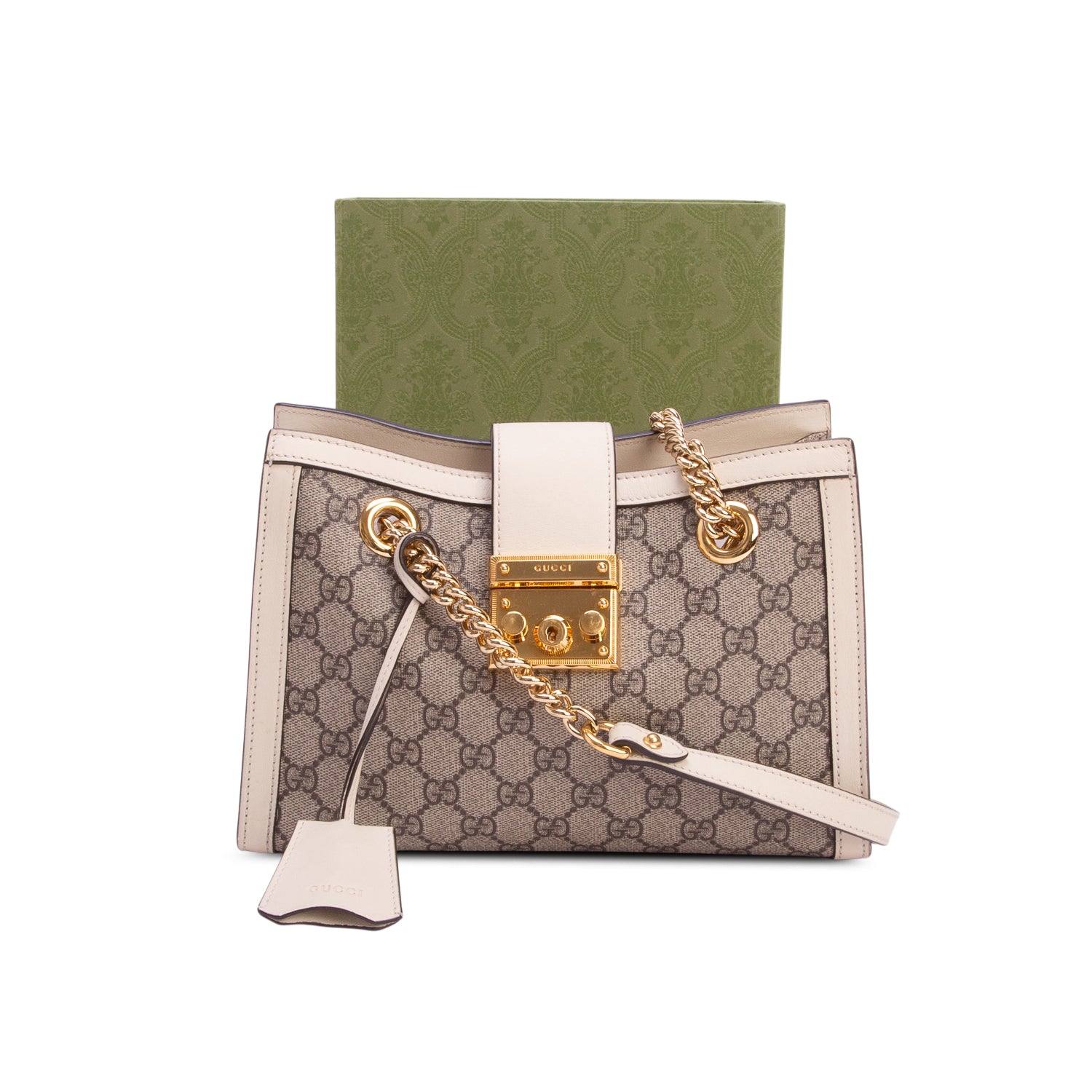 Gucci GG Supreme Monogram Moon Calfskin Small Padlock Tote w/ Box