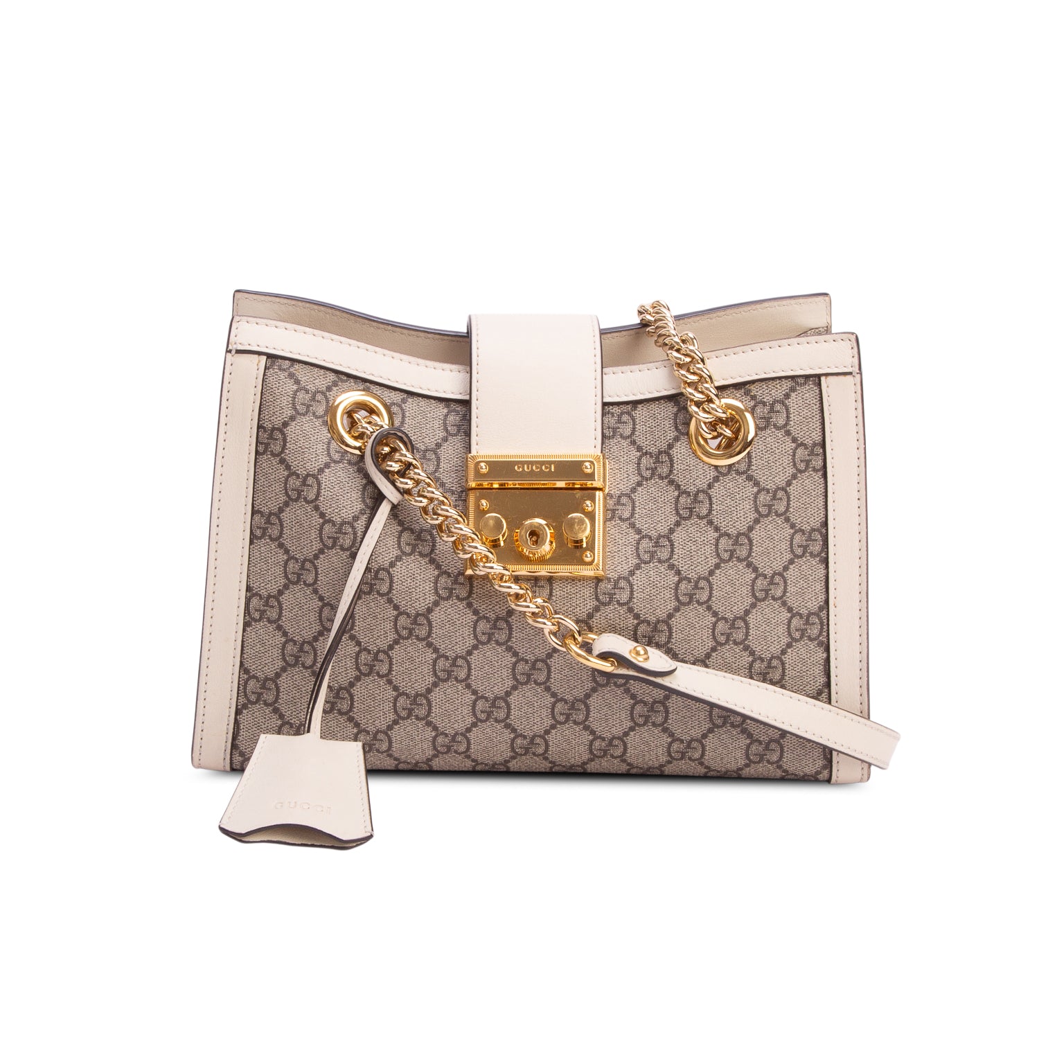 Gucci GG Supreme Monogram Moon Calfskin Small Padlock Tote w/ Box