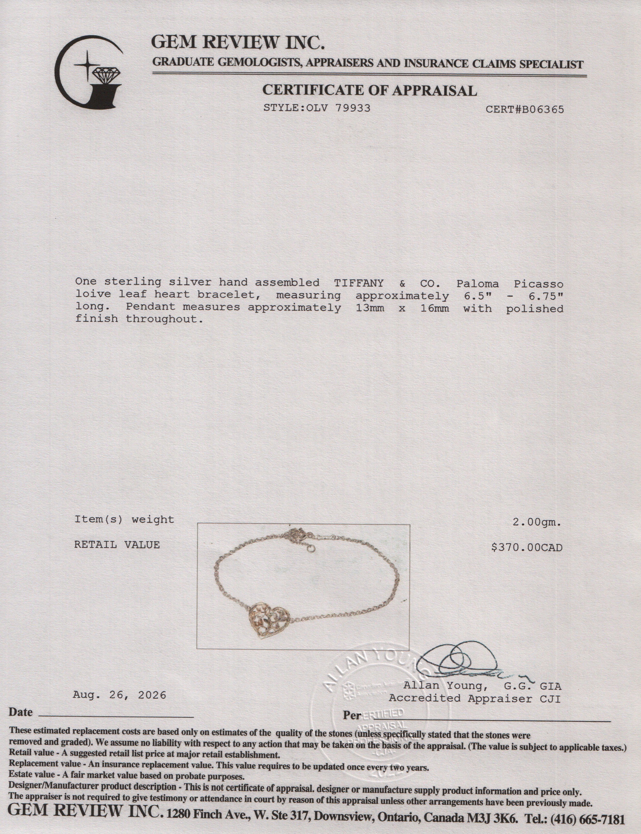 Tiffany & Co. Paloma Picasso Olive Leaf Heart Bracelet