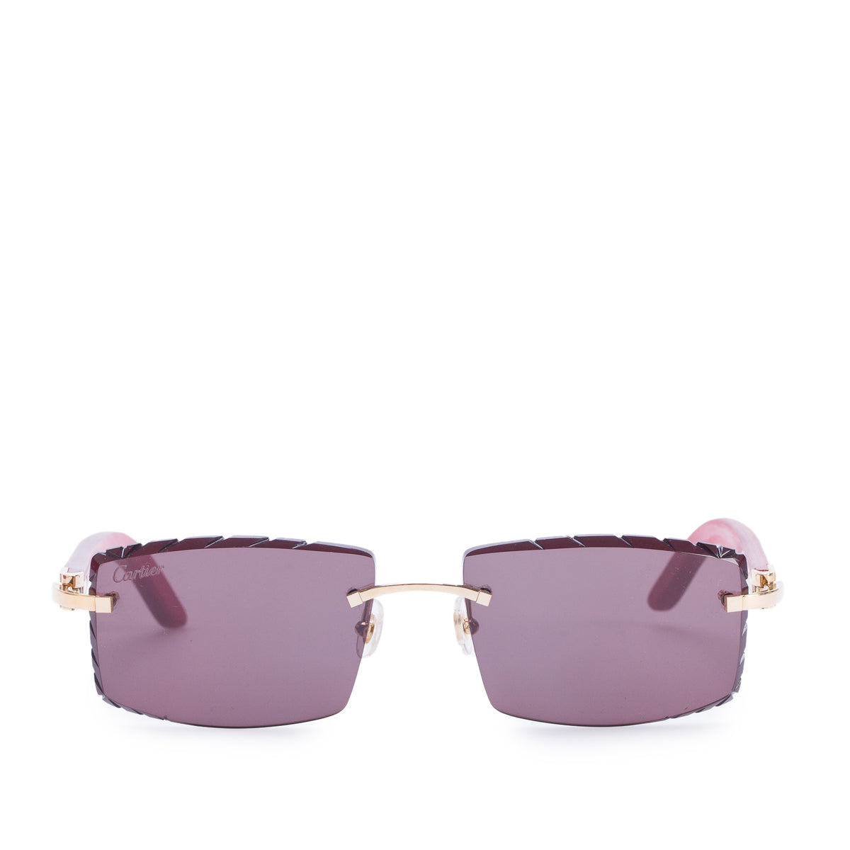 Cartier Red Wood Rimless Diamond Cut Cartier Decor C Sunglasses w/ Box & Case