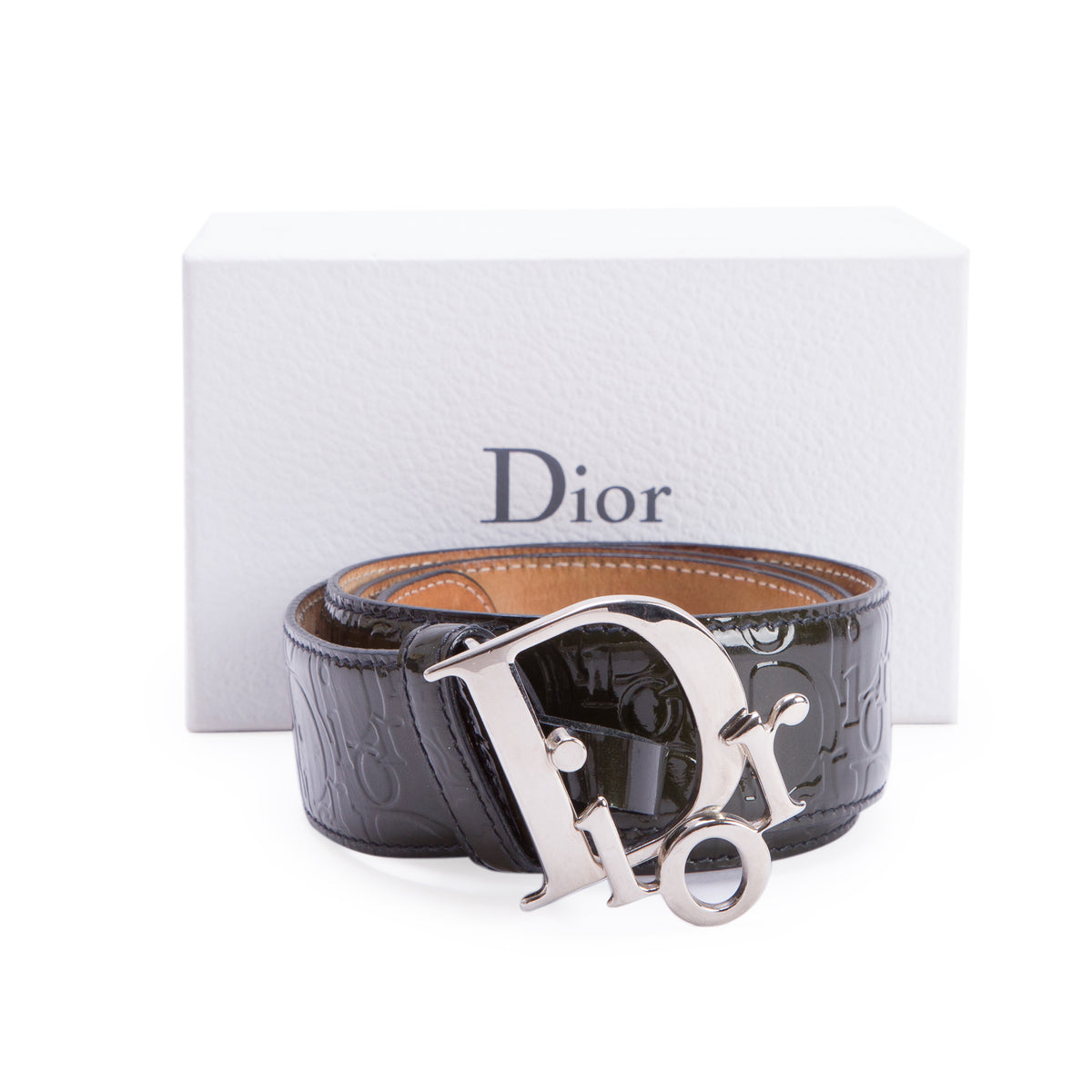 Christian Dior Olive Green Patent Leather Diorissimo 40 MM Logo Buckle Belt, 95 w/ Box