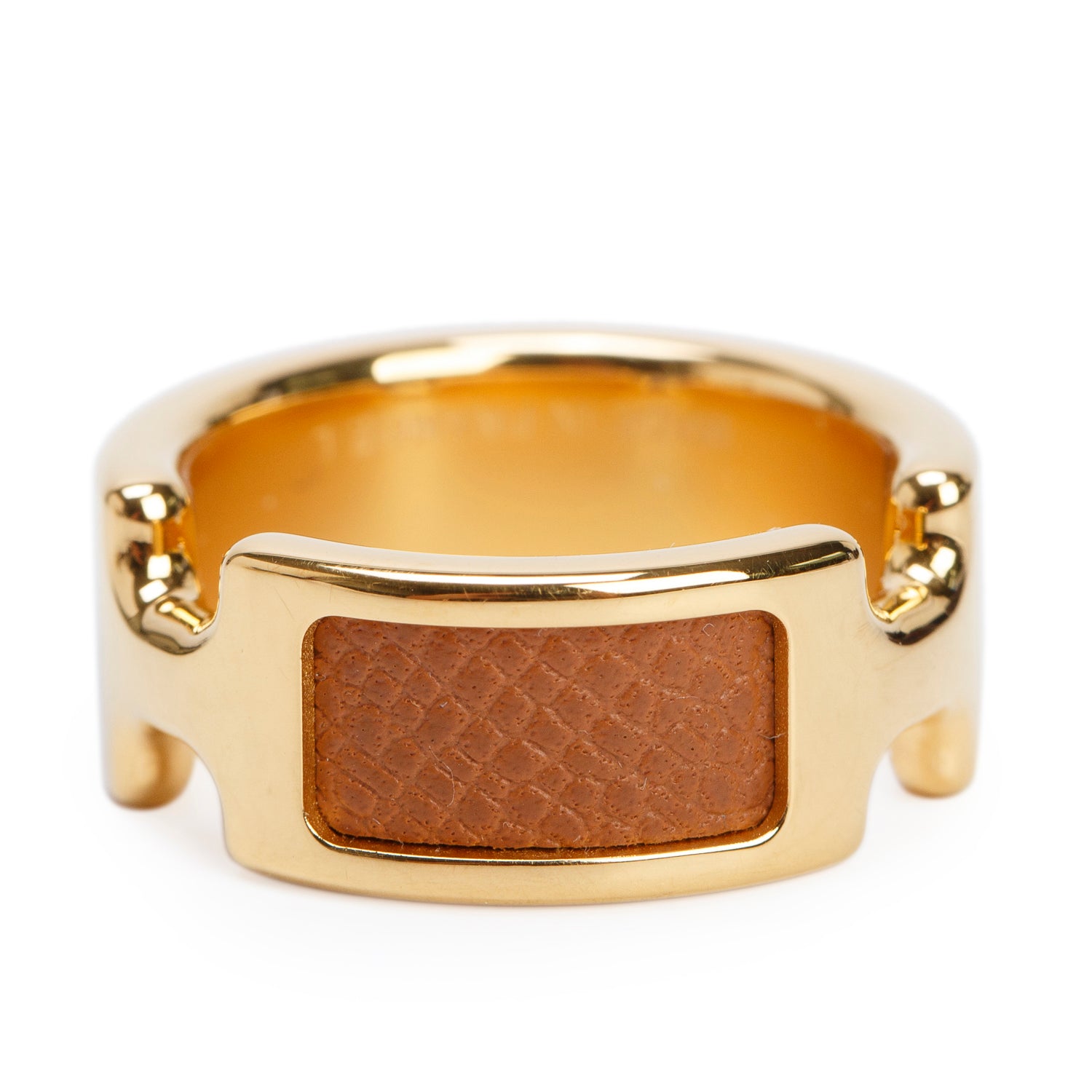 Hermes Gold-Plated Metal Gold Madame Leather Olympe Ring, Small Model, Size 7.5