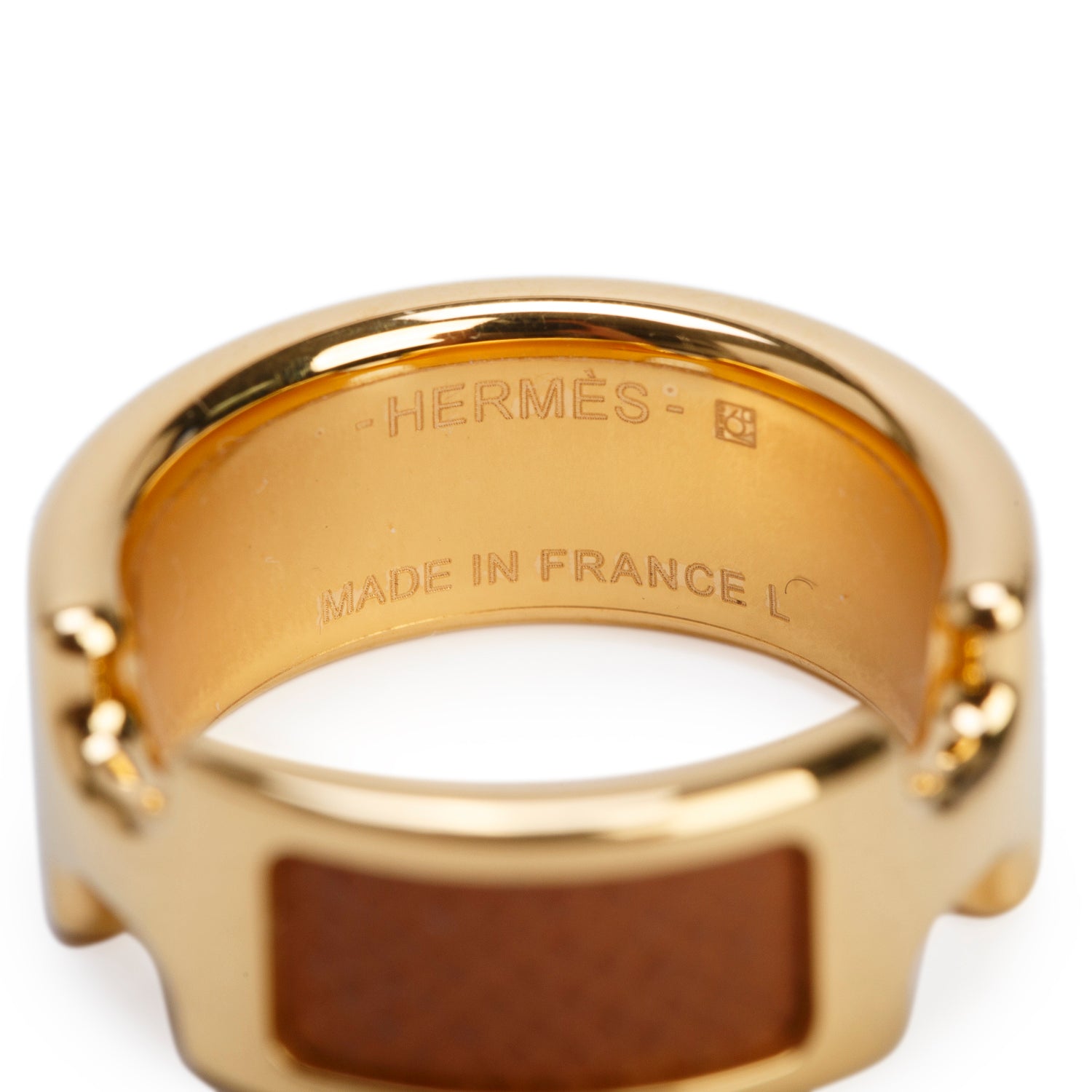 Hermes Gold-Plated Metal Gold Madame Leather Olympe Ring, Small Model, Size 7.5
