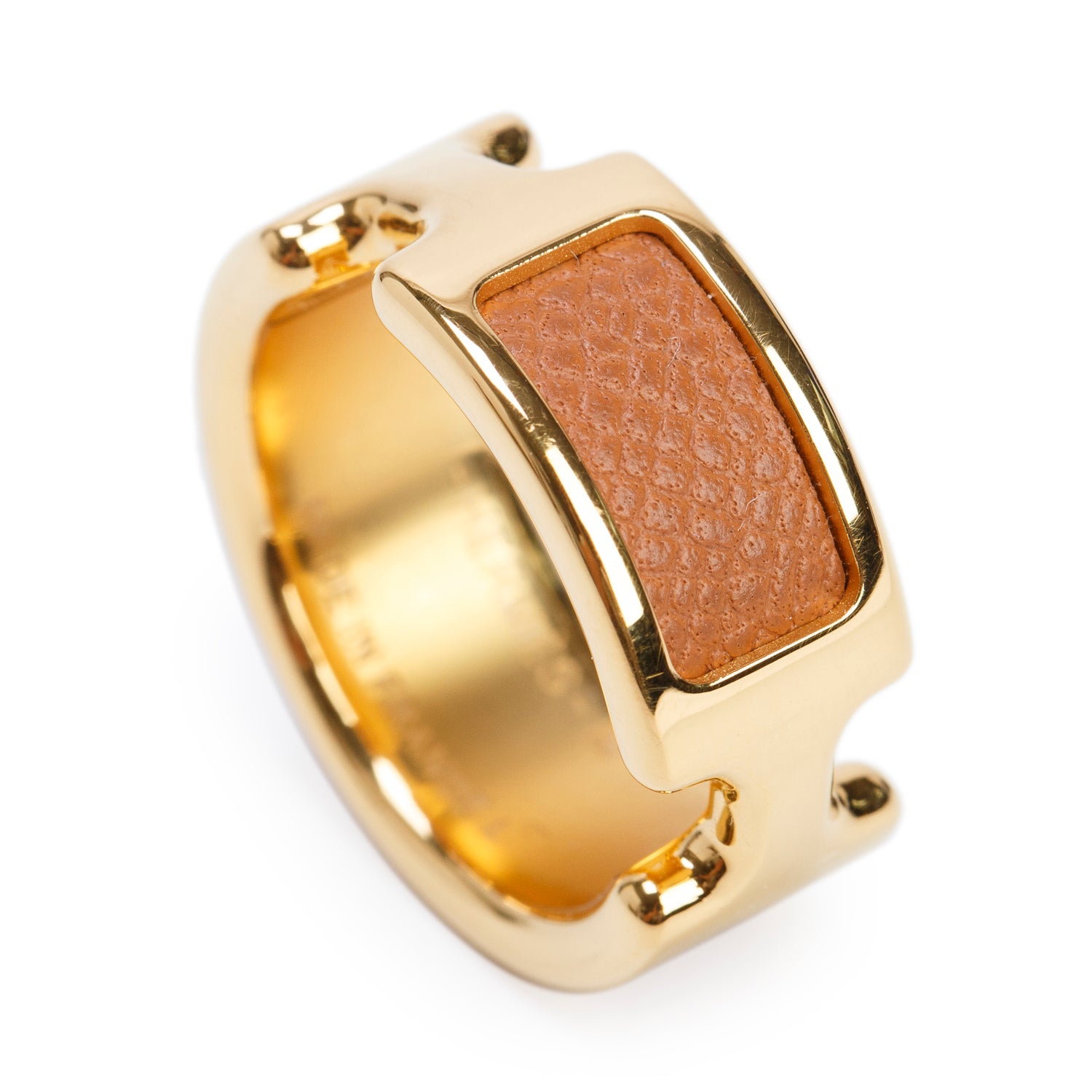 Hermes Gold-Plated Metal Gold Madame Leather Olympe Ring, Small Model, Size 7.5