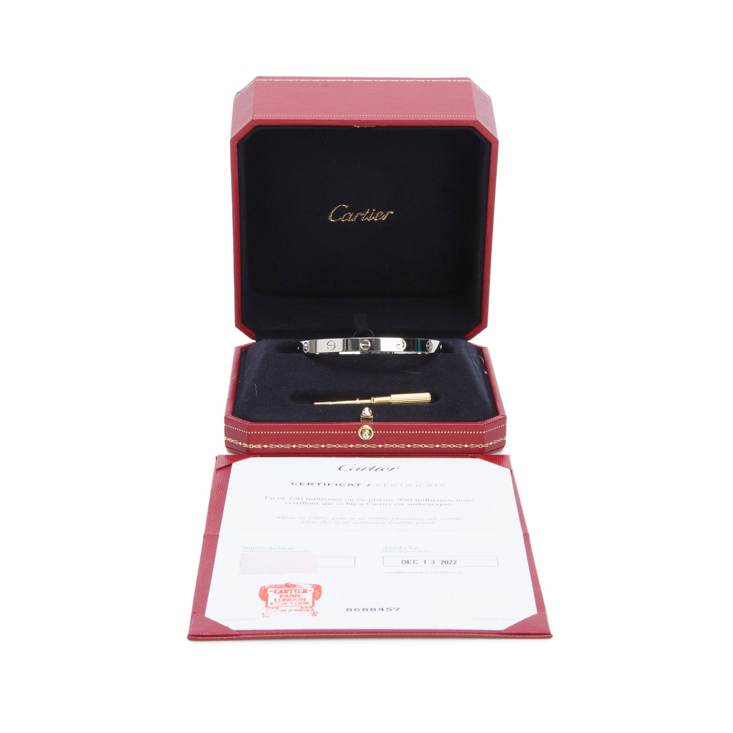Cartier 2022 18k White Gold Love Bracelet, Classic Model, Size 18 w/ Box & Certificate