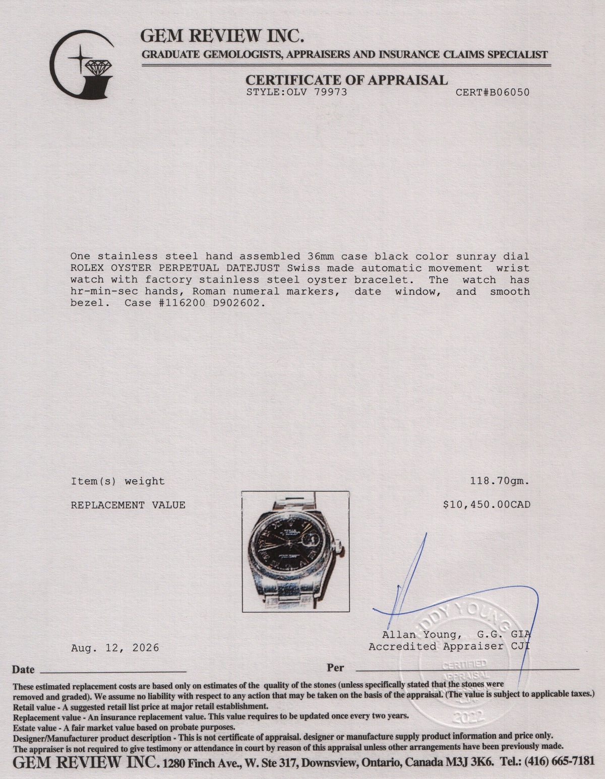 Rolex Stainless Steel Datejust 36 MM Automatic Watch Black Sunray Roman Numeral Dial 116200 w/ Papers