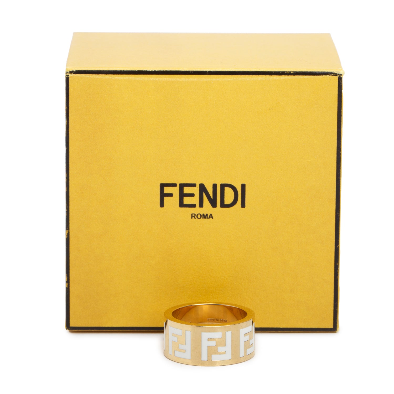 Fendi Gold-Plated  White Enamel Foerever Band Ring, Size L 8 w/ Box