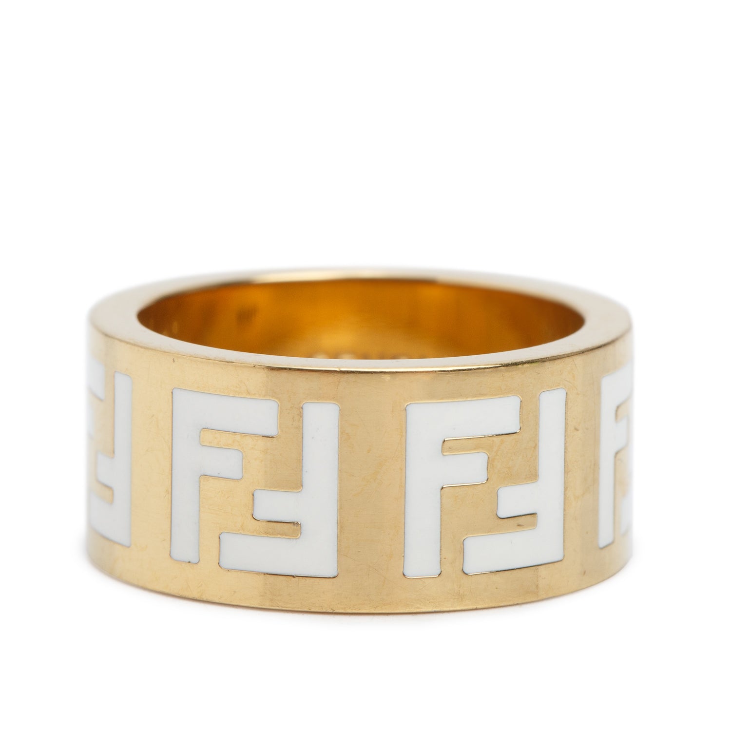 Fendi Gold-Plated  White Enamel Foerever Band Ring, Size L 8 w/ Box