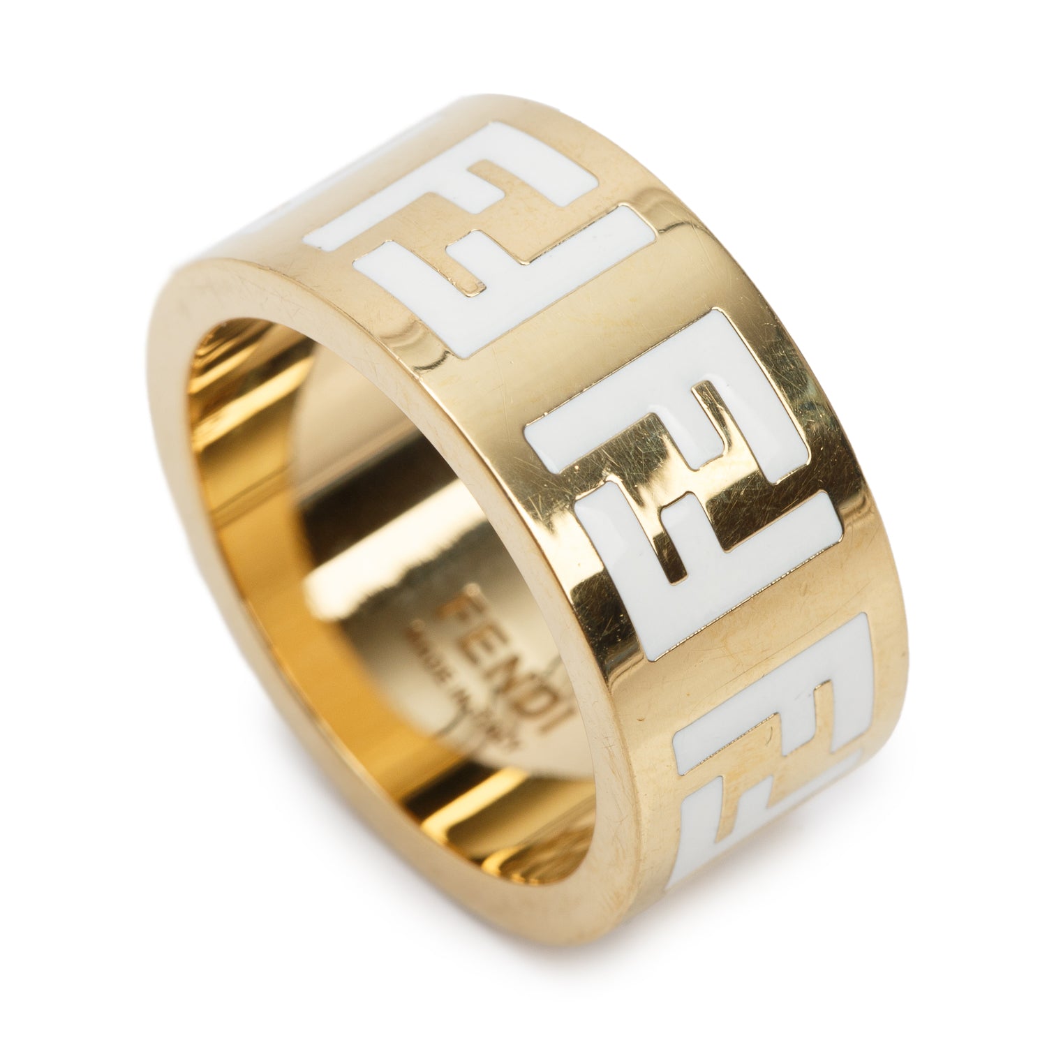 Fendi Gold-Plated  White Enamel Foerever Band Ring, Size L 8 w/ Box