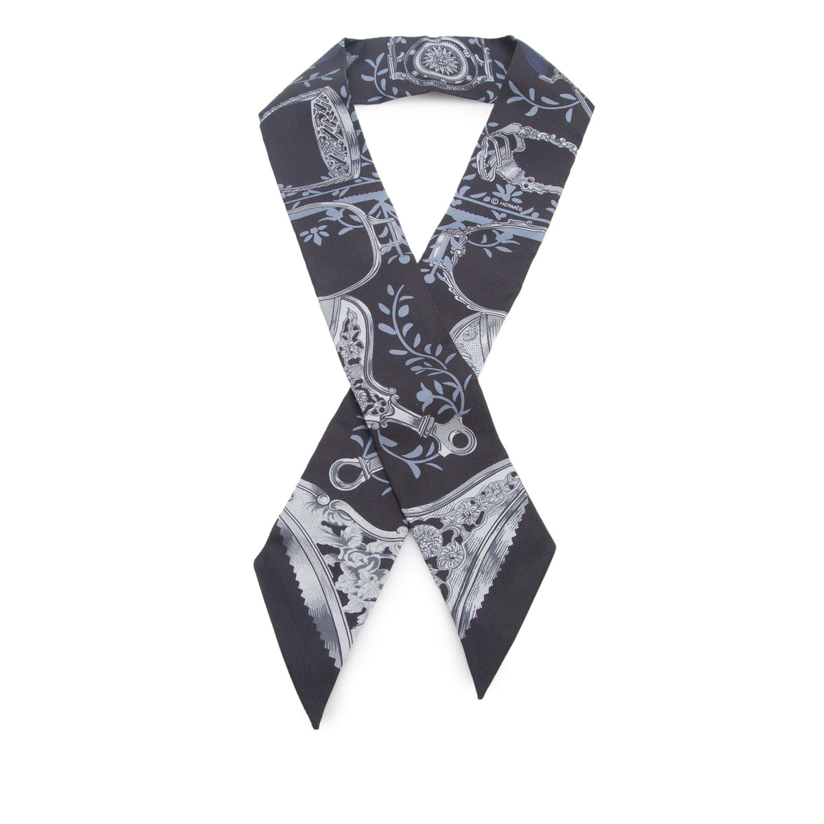 Hermes Noir/Argent 'Etriers Remix' Silk Twilly w/ Box