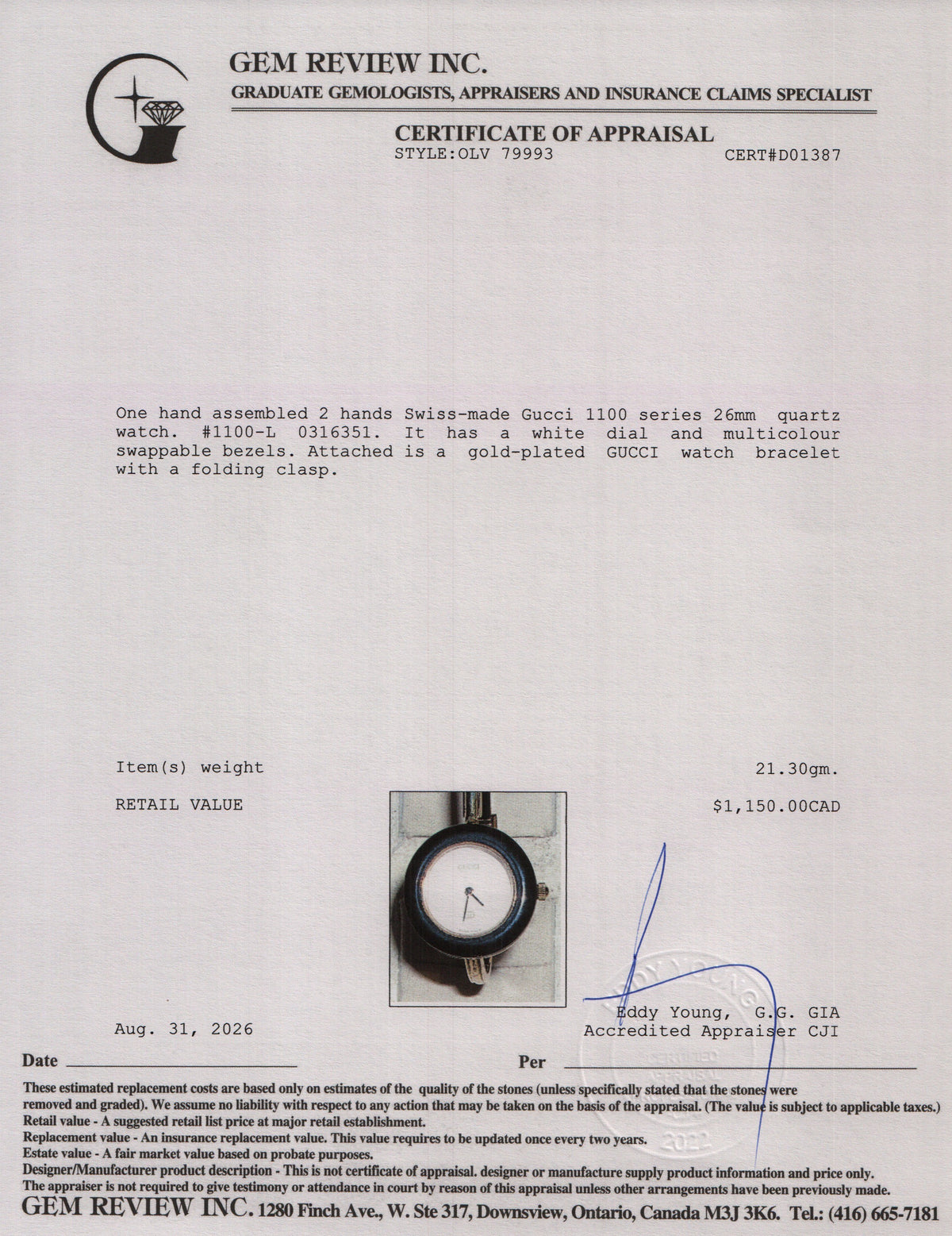 Gucci Gold Plated Stainless Steel 1100 Series 26 MM Watch White Dial w/ Box & 11 Multicolour Bezels