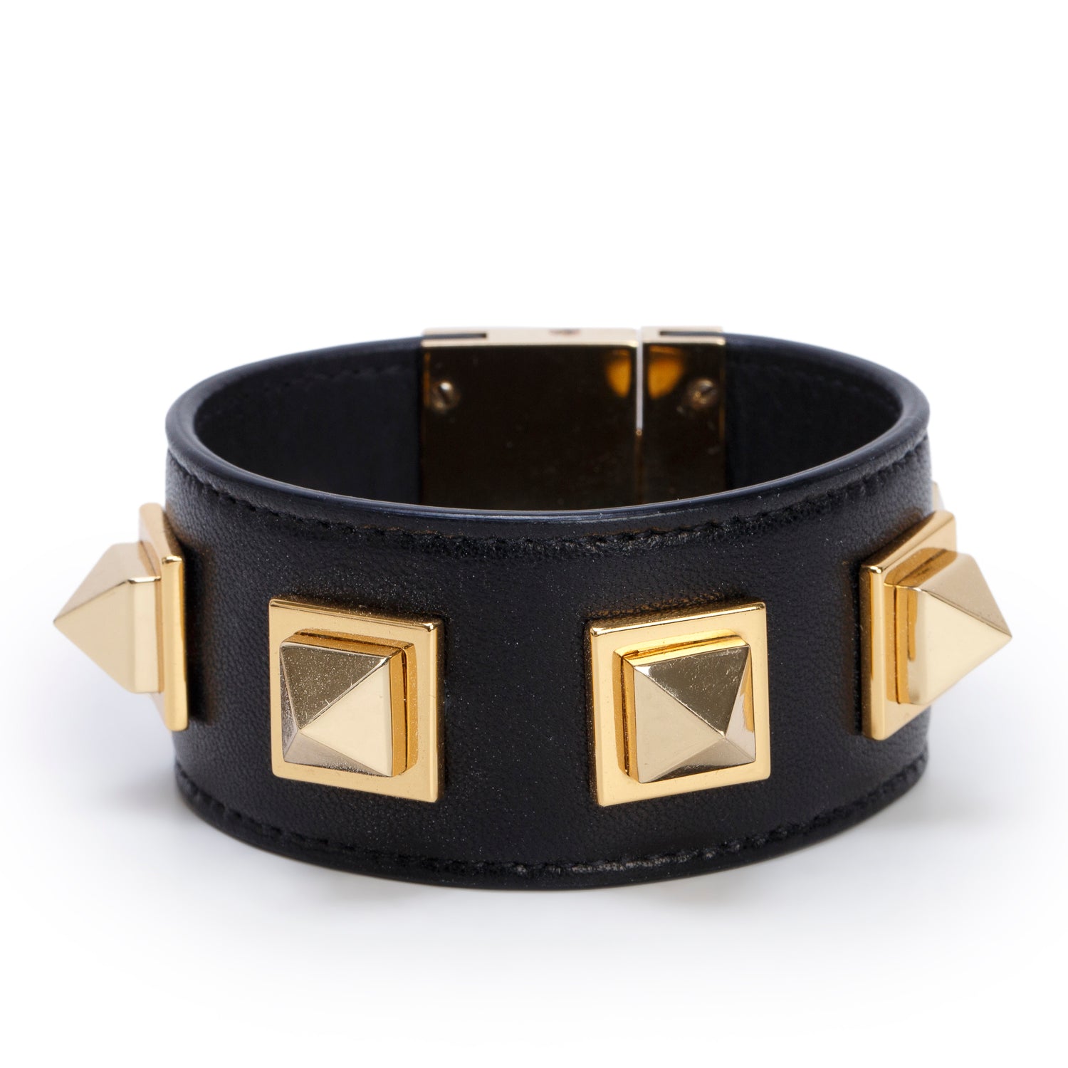 Saint Laurent Gold-Plated Metal Black Leather Studded Le Carre Bracelet w/ Box