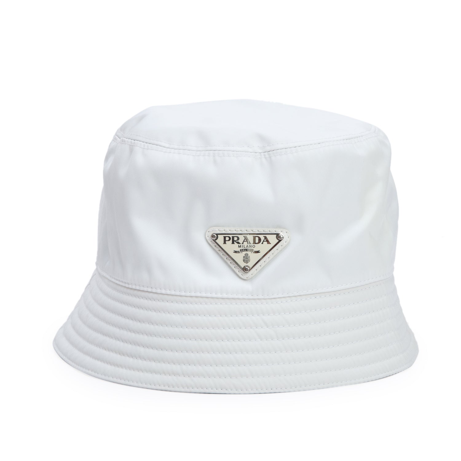Prada White Re-Nylon Metal Triangle Logo Bucket Hat, Size S