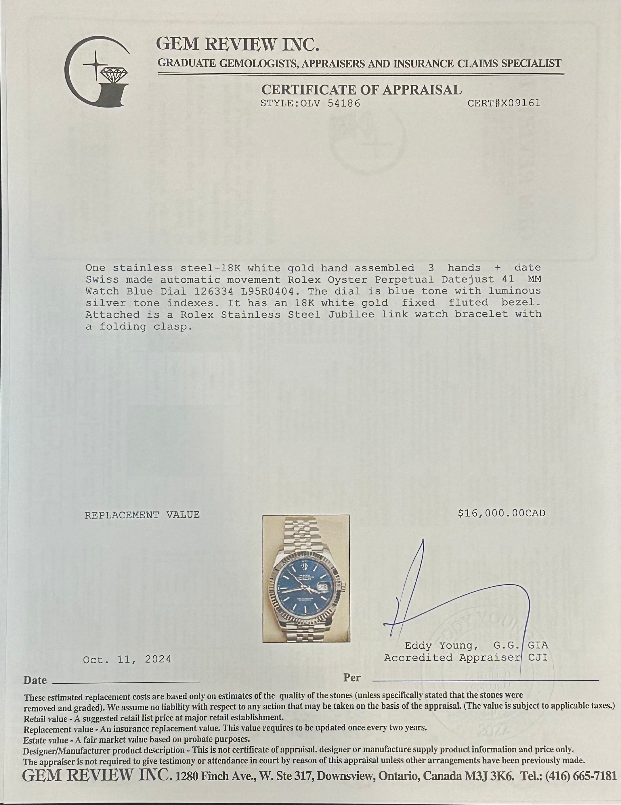 Rolex Stainless Steel Oyster Perpetual Datejust 41 MM Watch Blue Dial 126334 w/ Box & Papers