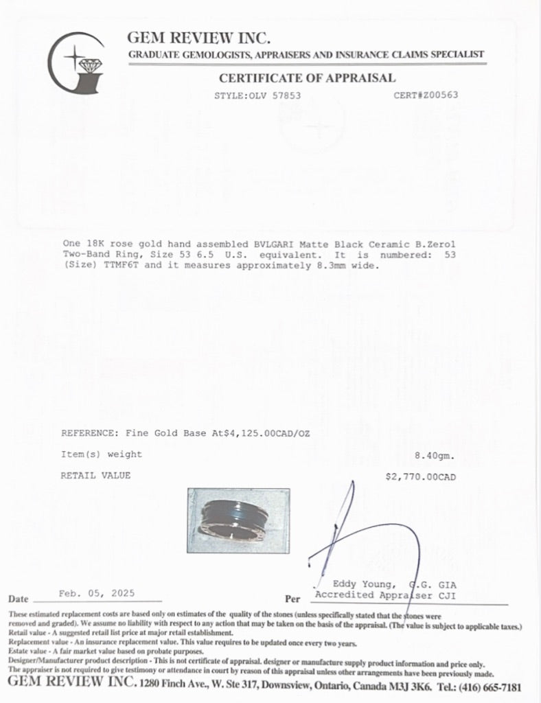 BVLGARI 2022 18k Rose Gold Matte Black Ceramic B.Zero1 Two-Band Ring, Size 53 6.5 w/ Box & Certificate