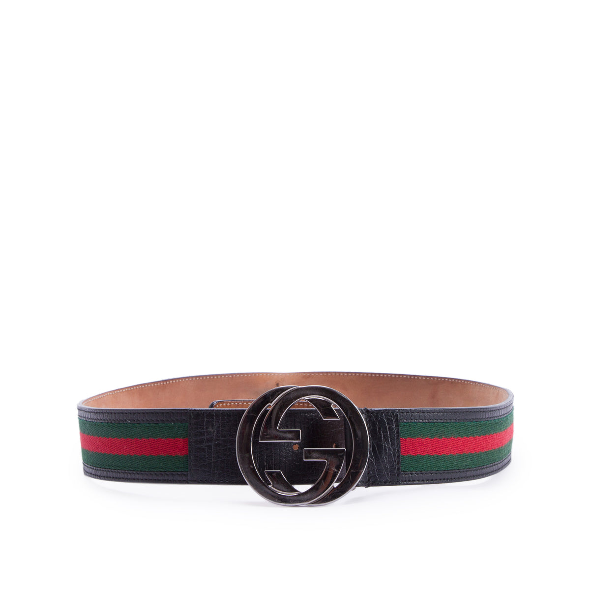 Gucci Interlocking G Buckle Web Trim Black Leather Belt 85 34