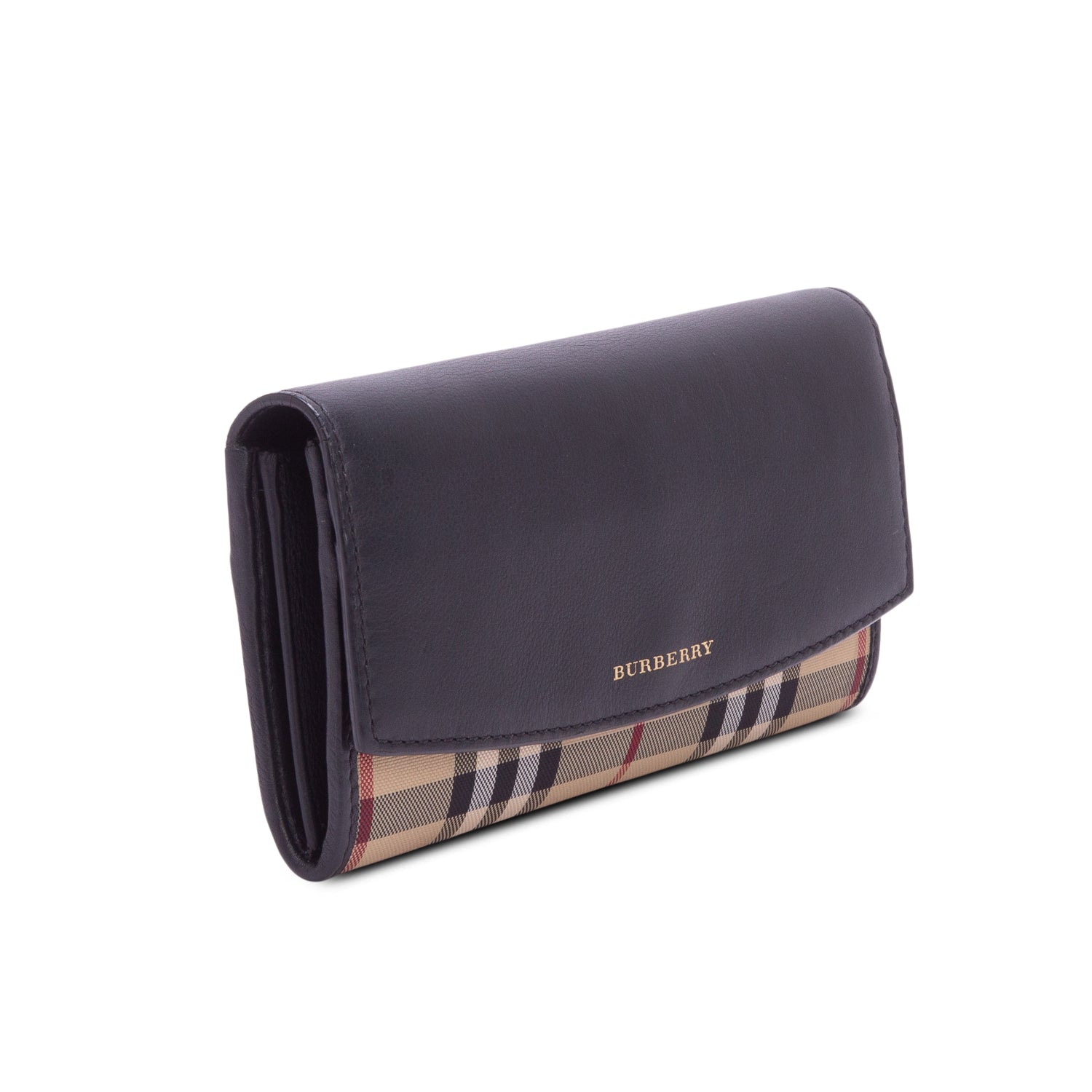 Burberry Check Canvas Black  Leather Trim Porter Continental Flap Wallet