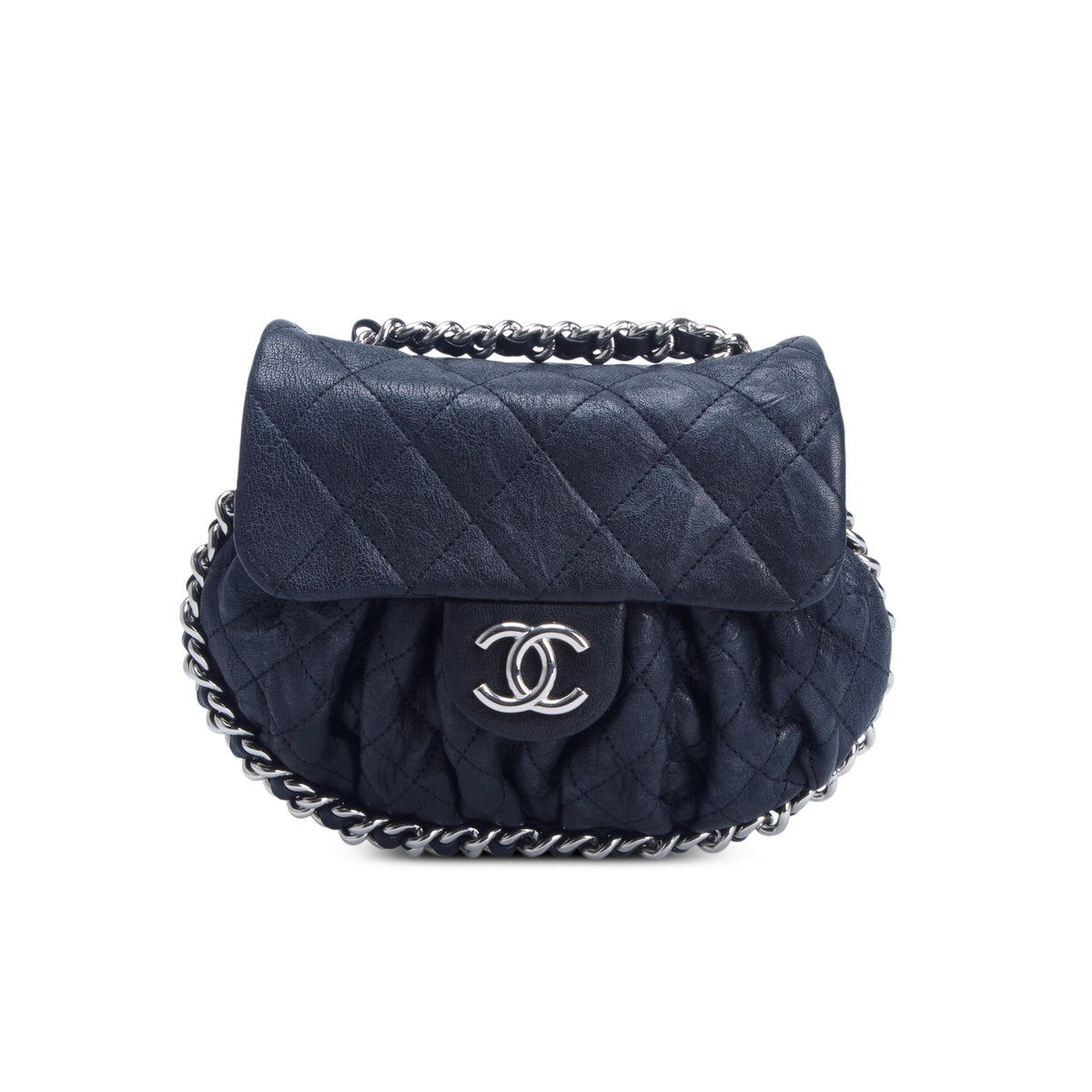 Chanel Black Washed Lambskin Quilted Mini Chain Around Flap