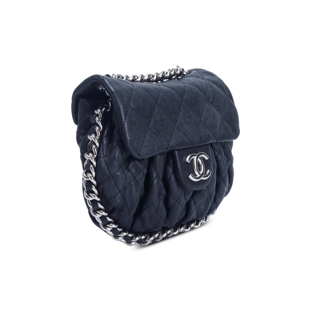 Chanel Black Washed Lambskin Quilted Mini Chain Around Flap