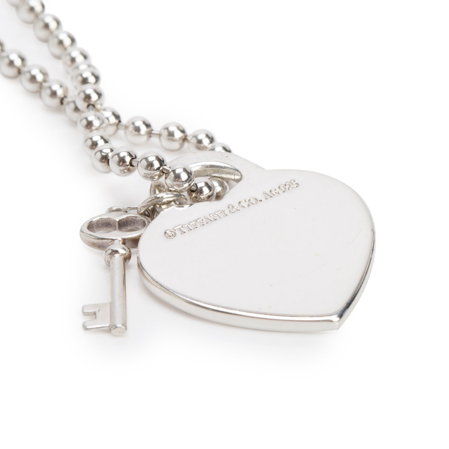 Tiffany & Co. Sterling Silver Heart Tag & Key Pendant Beaded Chain Necklace