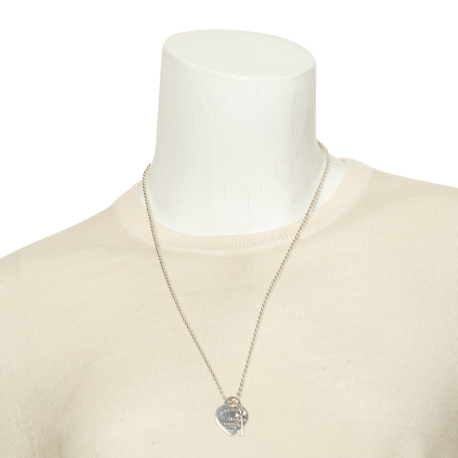 Tiffany & Co. Sterling Silver Heart Tag & Key Pendant Beaded Chain Necklace