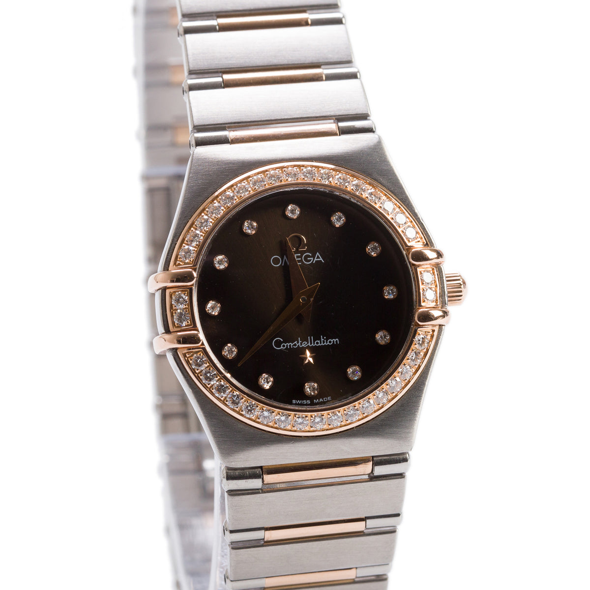 Omega Stainless Steel & 18k Rose Gold Diamond Bezel Constellation 25 MM Quartz Watch Black Diamond Dial